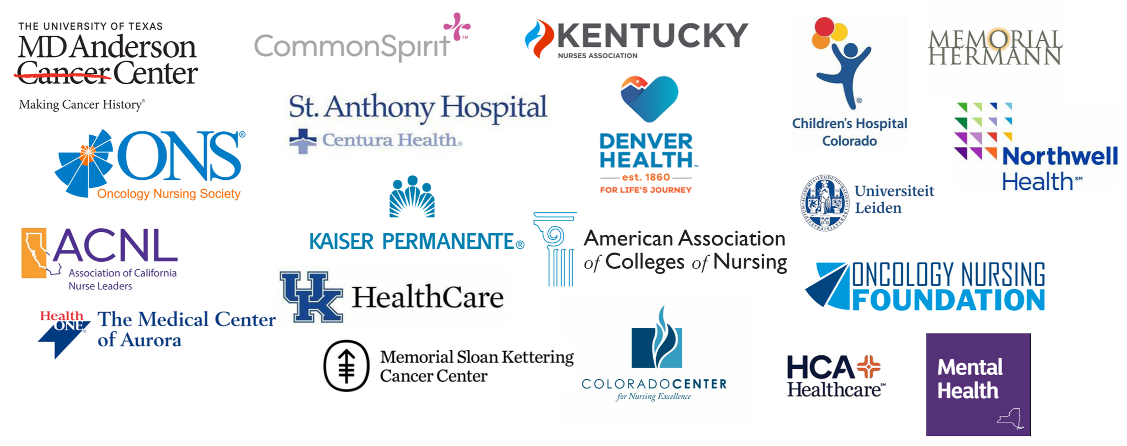 Collection of logos of various healthcare organizations, hospitals, and nursing associations, including MD Anderson Cancer Center, CommonSpirit, Kentucky Nurses Association, Memorial Hermann, St. Anthony Hospital, Centura Health, Denver Health, Children's Hospital Colorado, Northwell Health, UC Leiden, Kaiser Permanente, American Association of Colleges of Nursing, On nursing foundation, HCA Healthcare, Mental Health, and others.