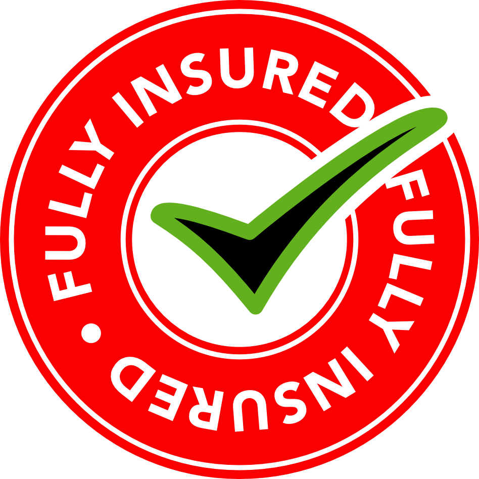 Red circular badge with white text 'Fully Insured' around the top and bottom edges and a large green checkmark in the center.