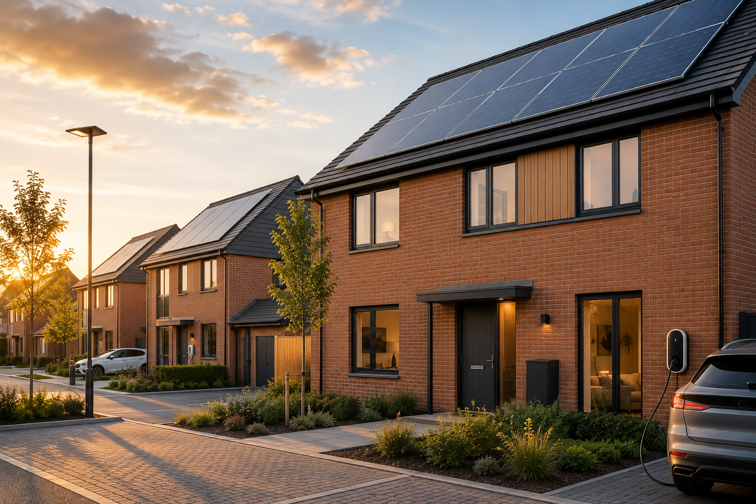 Modern brick houses with solar panels on the roofs, front yards with flowers and shrubs, streetlights, and an electric car plugged into a charging station during sunset.