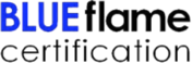 The image shows text with the words 'BLUE' in blue and 'Flame' in black, followed by 'certification' in black.