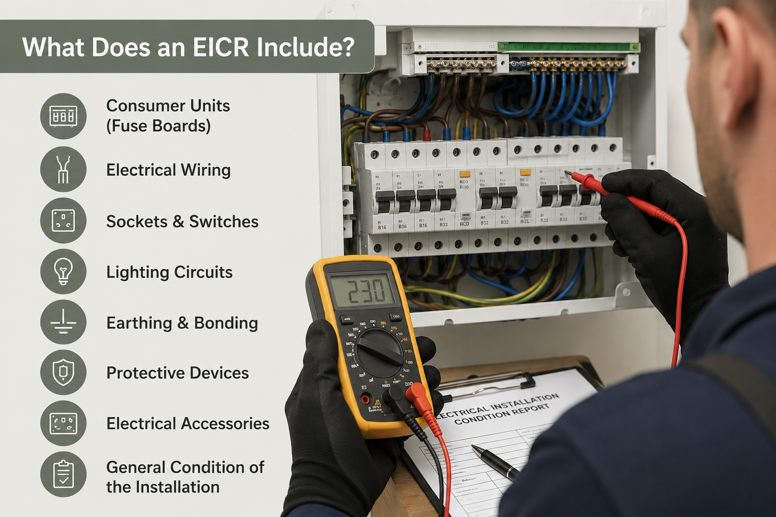 An electrician testing wiring inside an electrical panel with a multimeter. The panel contains multiple wires and circuit breakers. There's a chart listing everything included in an EICR, such as consumer units, wiring, sockets, lighting, earthing, protective devices, accessories, and the overall condition of the installation.