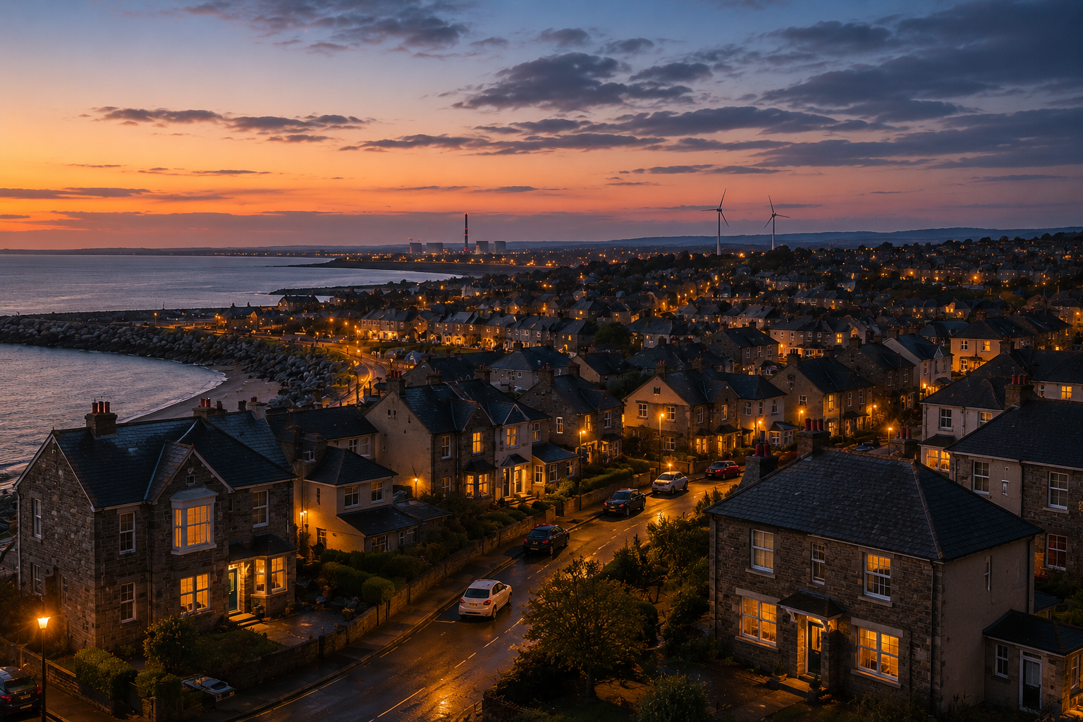 A coastal residential neighborhood at dusk with street lamps illuminating the streets, houses with lit windows, a body of water on the left, wind turbines, and a distant industrial area with tall chimneys in the background.
