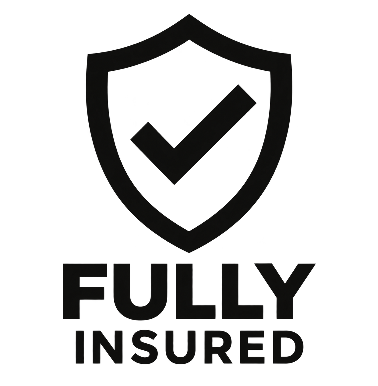 Black shield with a checkmark in the center and the words "FULLY INSURED" underneath.