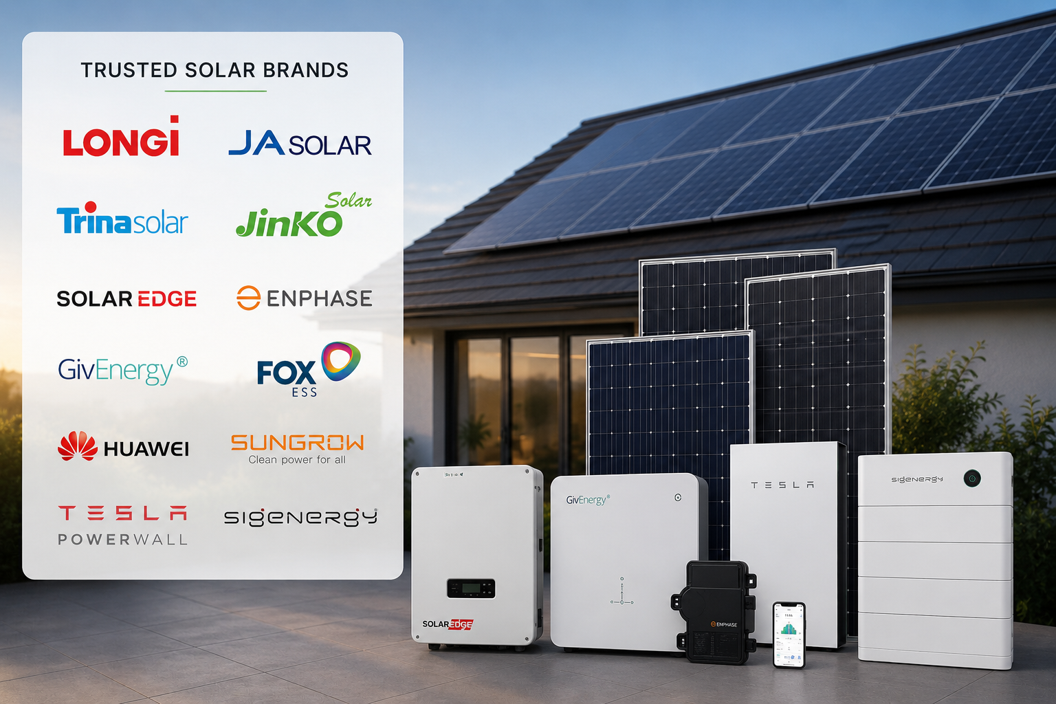 Outdoor setup of solar panels with a house in the background, alongside branded solar energy products and equipment from multiple companies, including Tesla's Powerwall and Enphase, with a list of trusted solar brands displayed on the left.