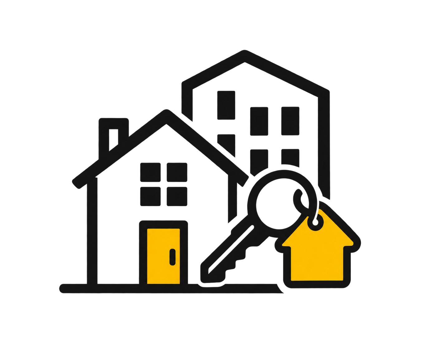 Illustration of homes with a key and house-shaped tags, symbolizing real estate or home ownership.
