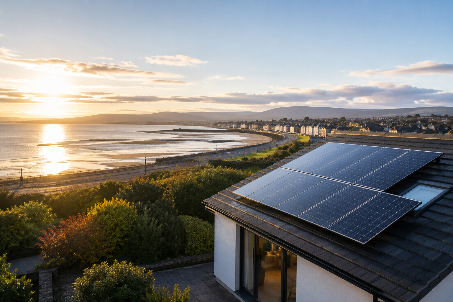 A house in Heysham with solar panels on its roof, overlooking a coastal road, beach, and ocean during sunset.