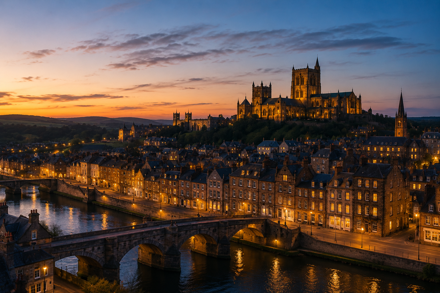 A cityscape of Lancaster during sunset, featuring a river, stone bridge, historic buildings, and a large illuminated cathedral on a hill.