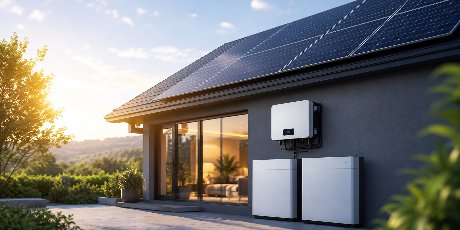 A modern house exterior with solar panels on the roof and a solar power system on the wall, during sunset.