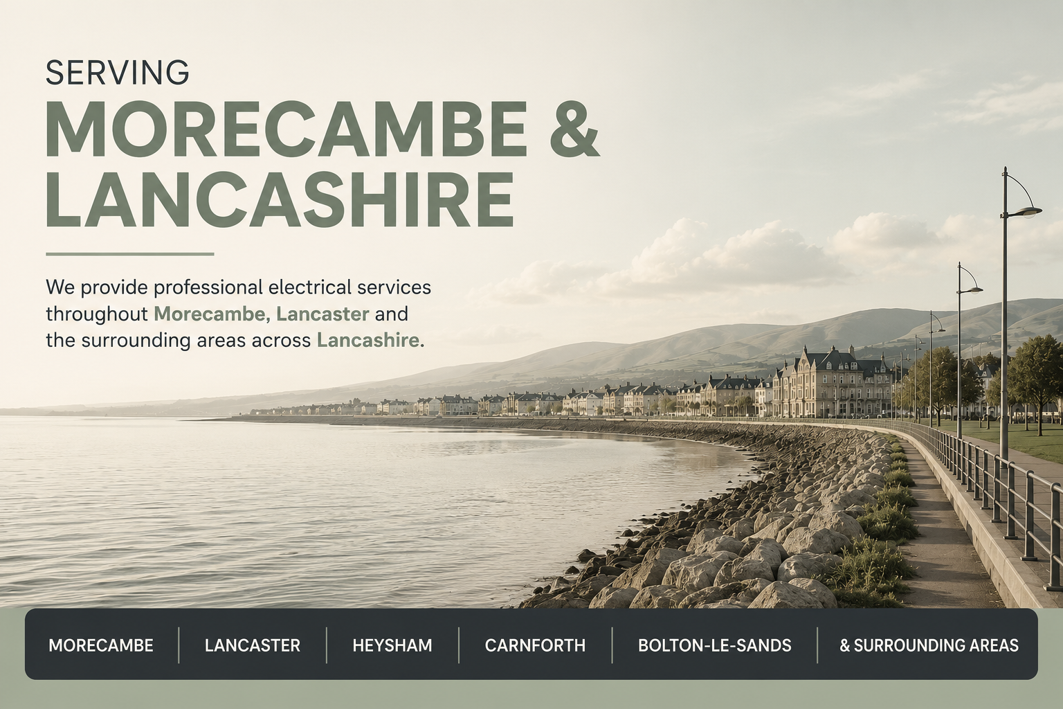A scenic view of a river with a pathway and street lamps, with houses and hills in the background, overlaid with text about providing electrical services in Morecambe, Lancaster, and surrounding areas.