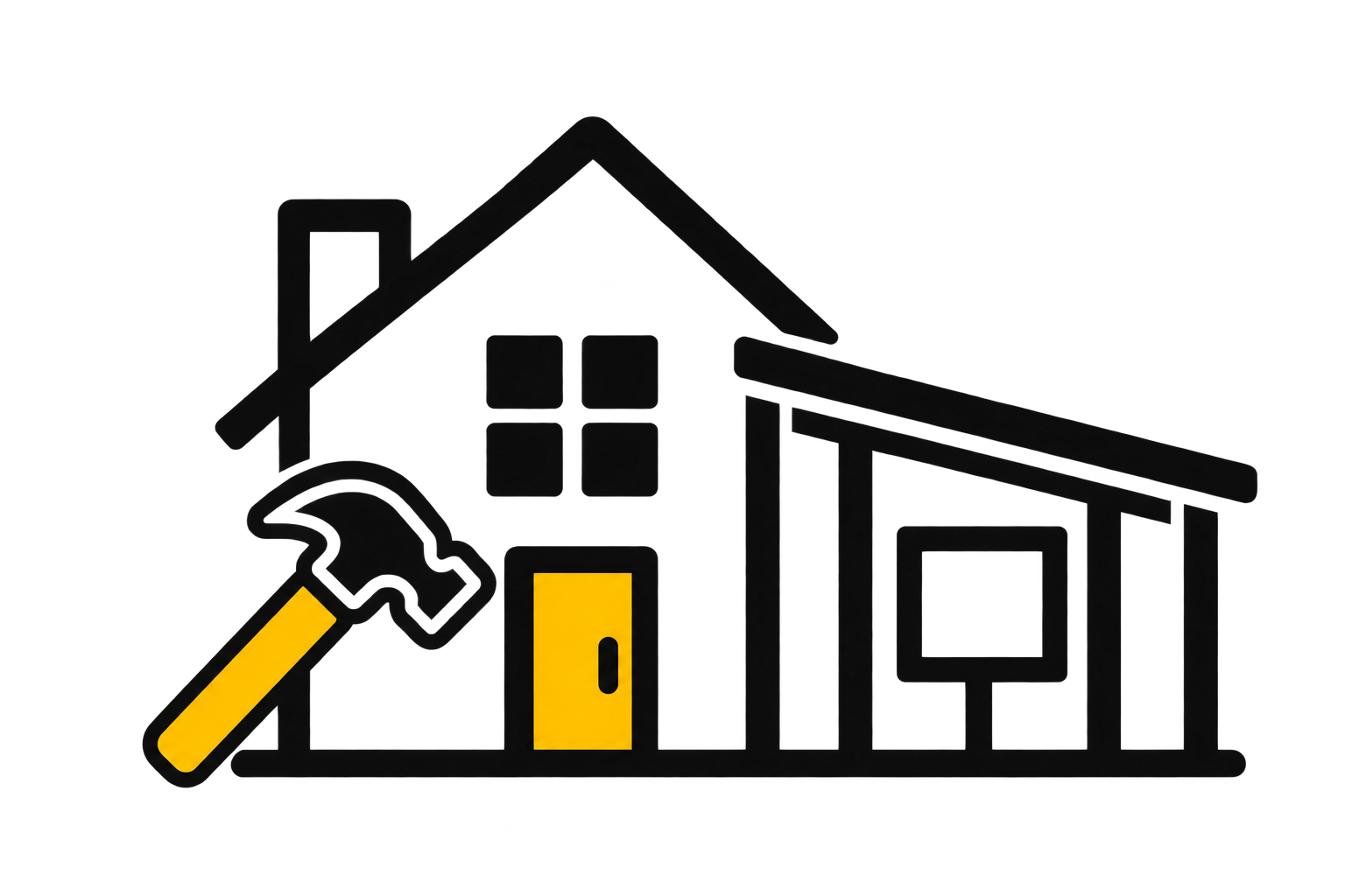 A house with a large A-frame roof, a yellow door, and a porch light.