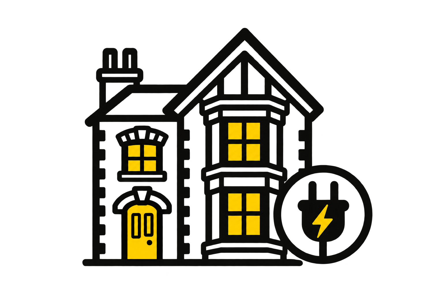 A dark illustration of a house with yellow-lit windows and doors, featuring a blue roof and a red-and-blue electric meter with a lightning bolt symbol.