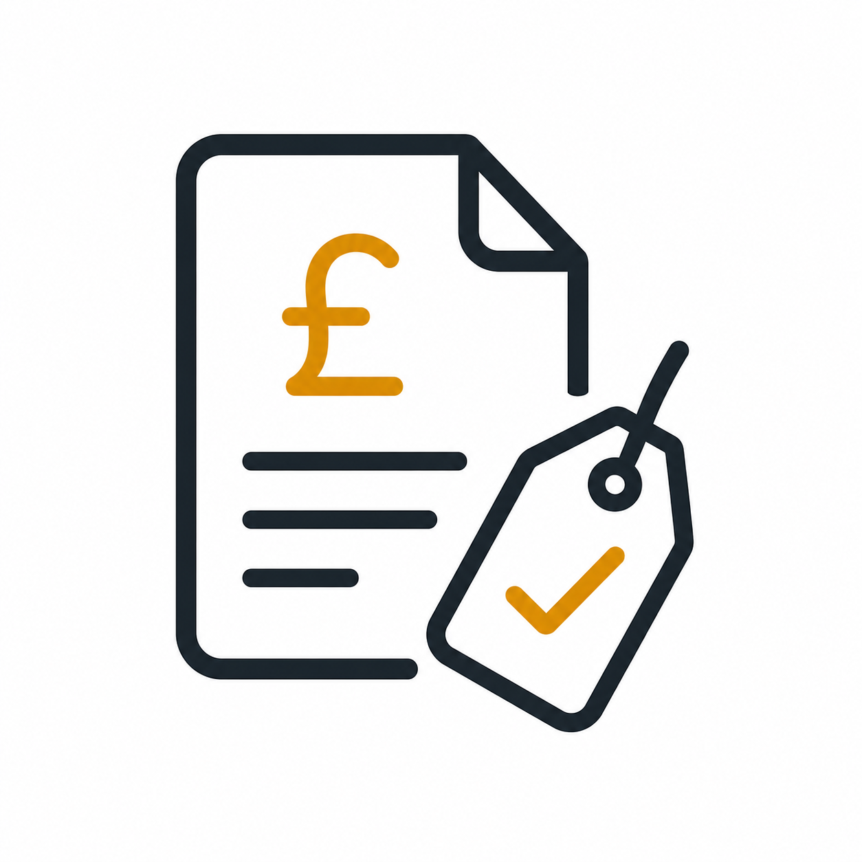 Line drawing of a financial document with a British pound symbol, a price tag with a checkmark, and a list of lines.