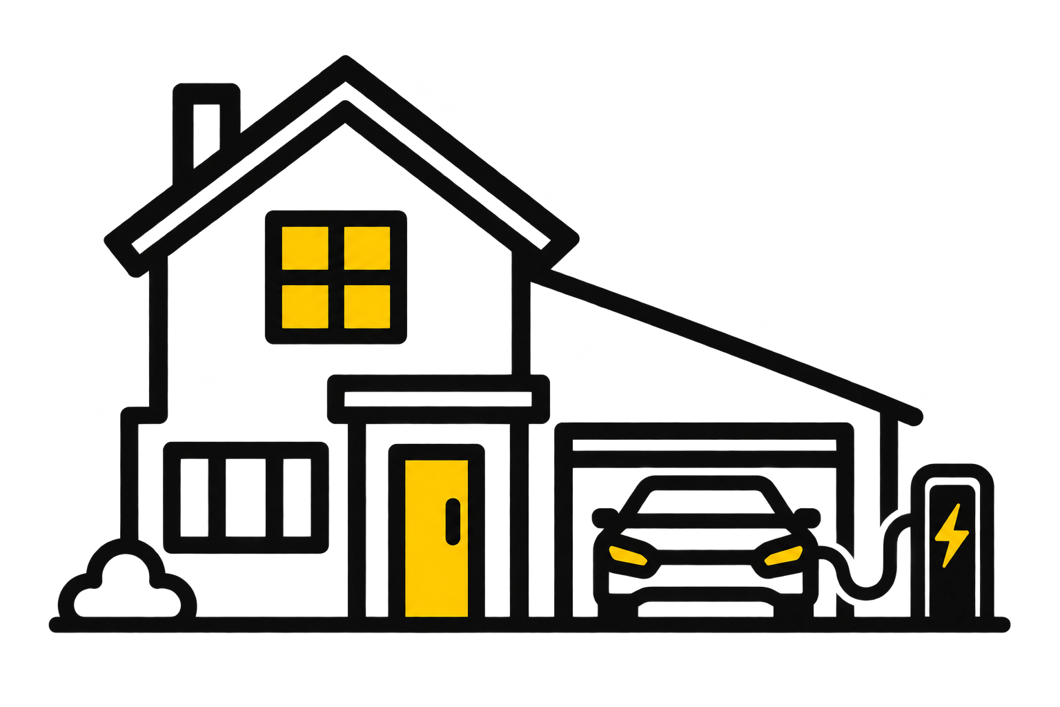 A dark house with four yellow-lit windows on the upper floor, a yellow door, two yellow headlights on a vehicle, and a yellow lightning bolt symbol.