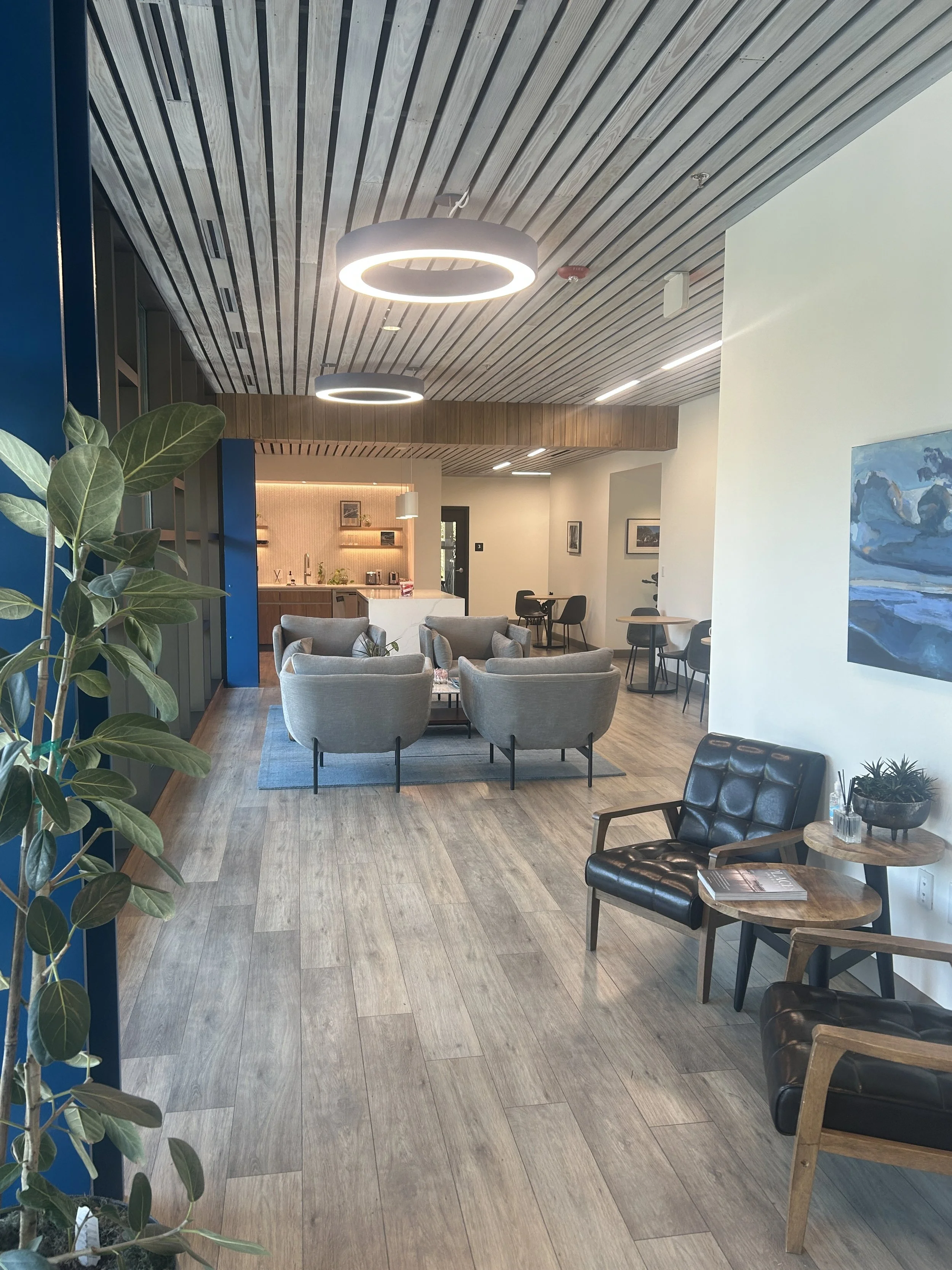 Modern office lobby with wood accents, gray chairs arranged in a circle, black leather armchair and small side table with a plant and magazine, artistic blue painting on white wall, and large circular ceiling lights. 