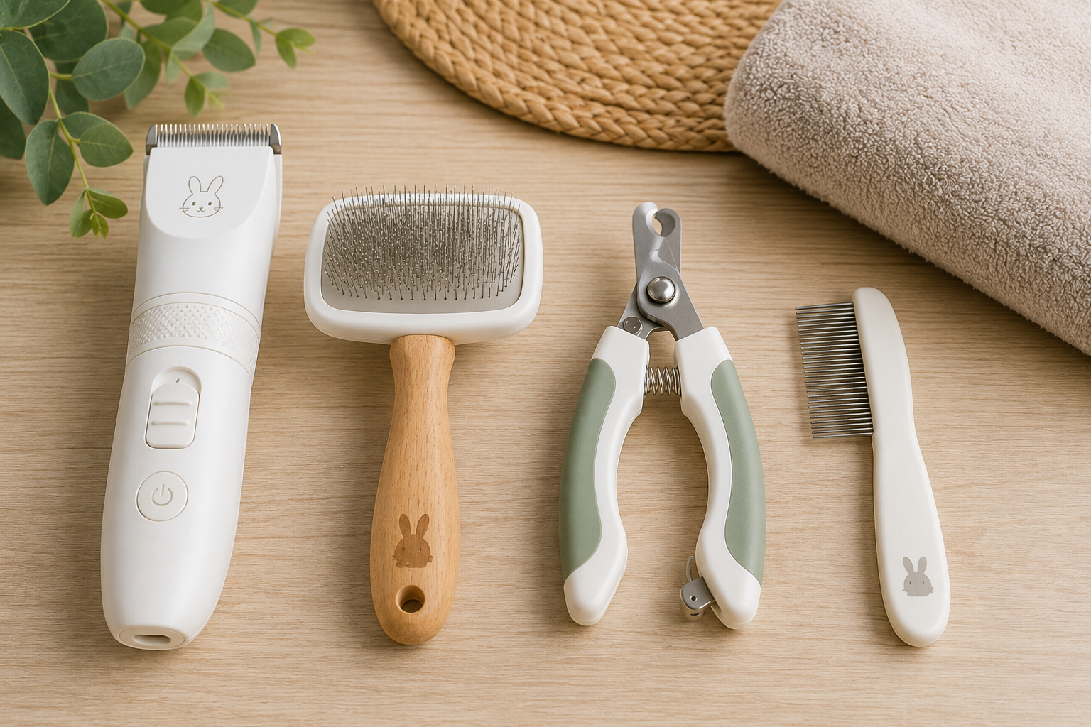 Collection of grooming tools on a wooden surface, including a clipper, a square grooming brush with wooden handle, a nail clipper, a small comb, and a beige towel, with a green plant and woven mat in the background.