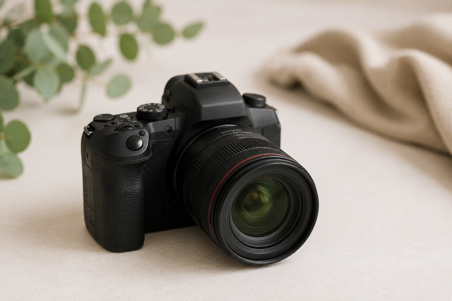 A black DSLR camera with an attached lens resting on a light-colored surface, with a green plant on the left and a beige fabric on the right.