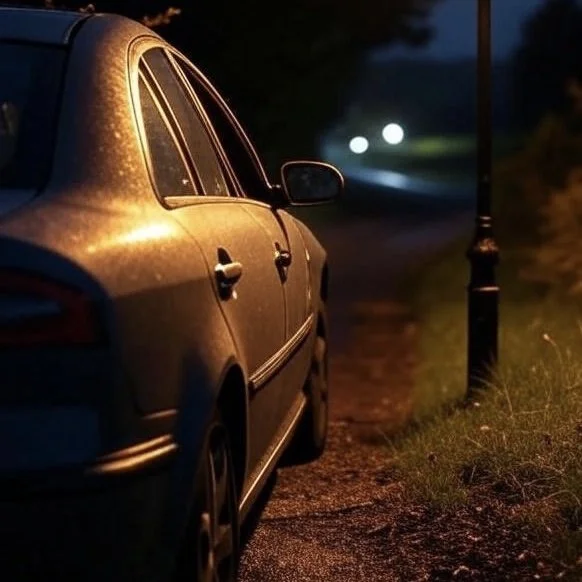 A parked car on a dimly lit street at night, with a streetlamp nearby and blurred headlights in the distance.