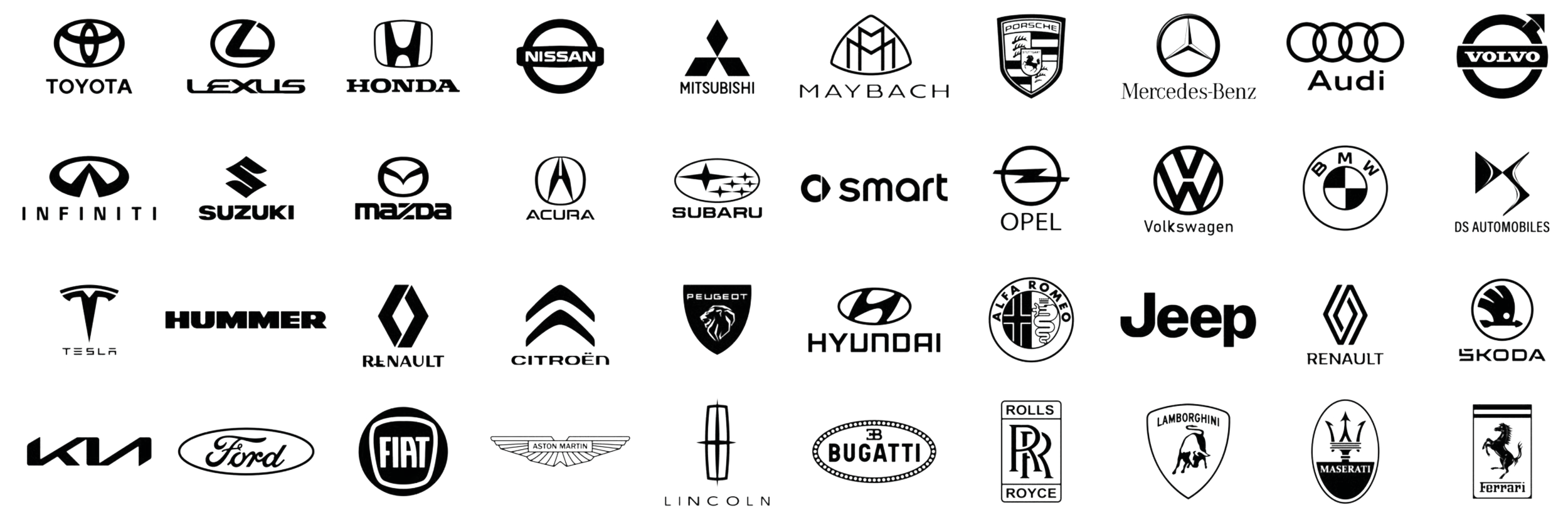 Collection of car brand logos including Toyota, Lexus, Honda, Nissan, Mitsubishi, Maybach, Porsche, Mercedes-Benz, Audi, Volvo, Infiniti, Suzuki, Mazda, Acura, Subaru, Smart, Opel, Volkswagen, BMW, DS Automobiles, Tesla, Hummer, Renault, Citroen, Peugeot, Hyundai, Jeep, Skoda, Kia, Ford, Fiat, Aston Martin, Lamborghini, Maserati, Ferrari, Lincoln, Rolls Royce, Bugatti.