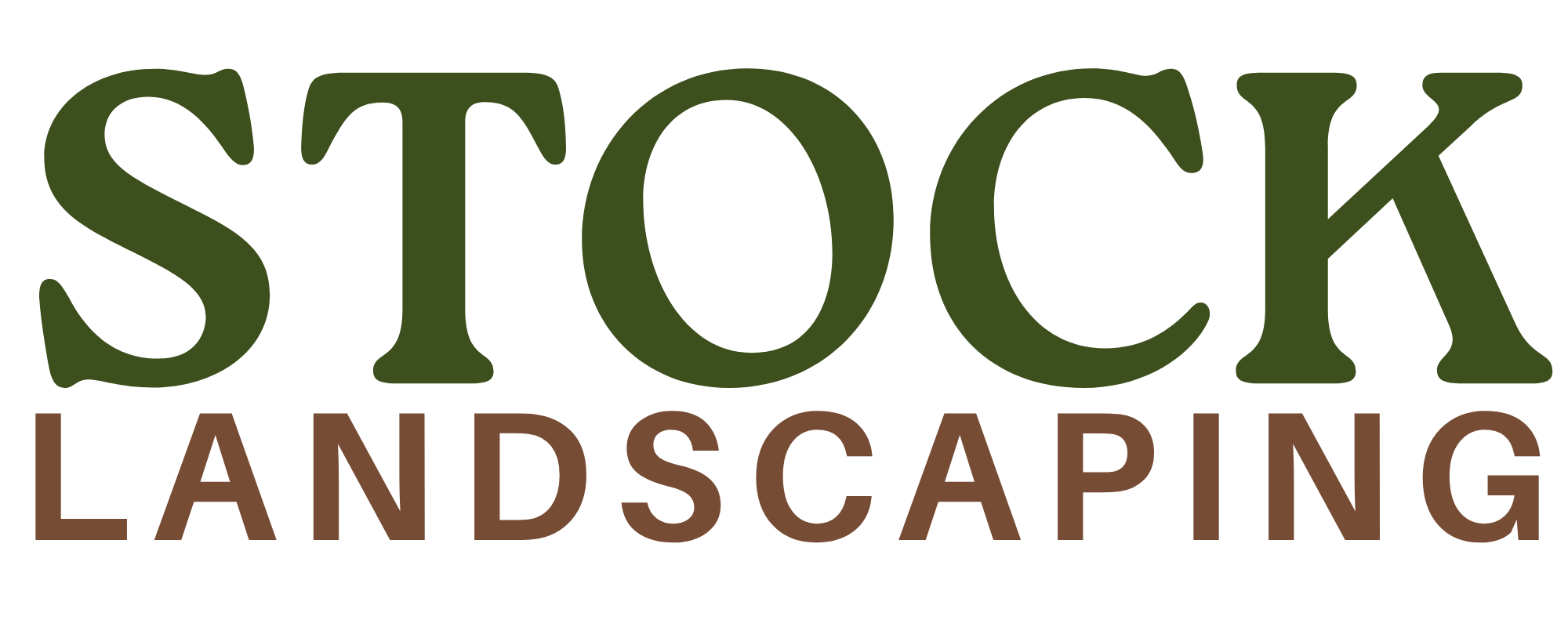 Stock Landscaping logo with the words 'STOCK' in green and 'LANDSCAPING' in brown.