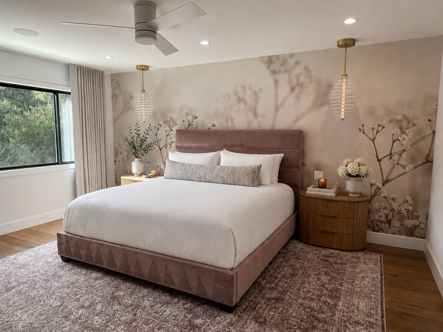 Modern bedroom with a bed having a pink velvet headboard, white bedding, and decorative pillows. Flanking the bed are two wooden nightstands with flowers, books, and candles. The wall behind has a floral shadow pattern. There are pendant lights hangi