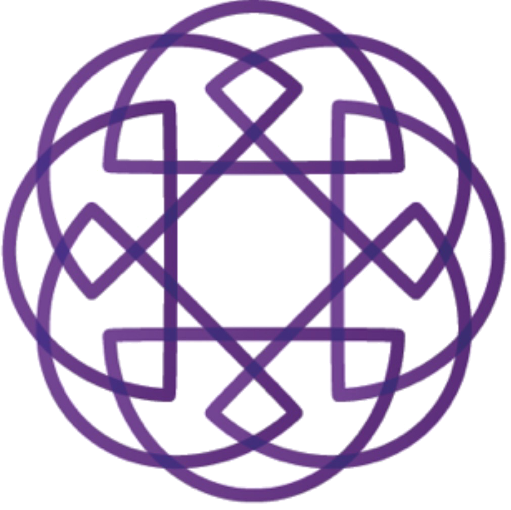 A purple geometric mandala with interconnected lines, circles, squares, and a central hexagon, forming an intricate symmetrical pattern.