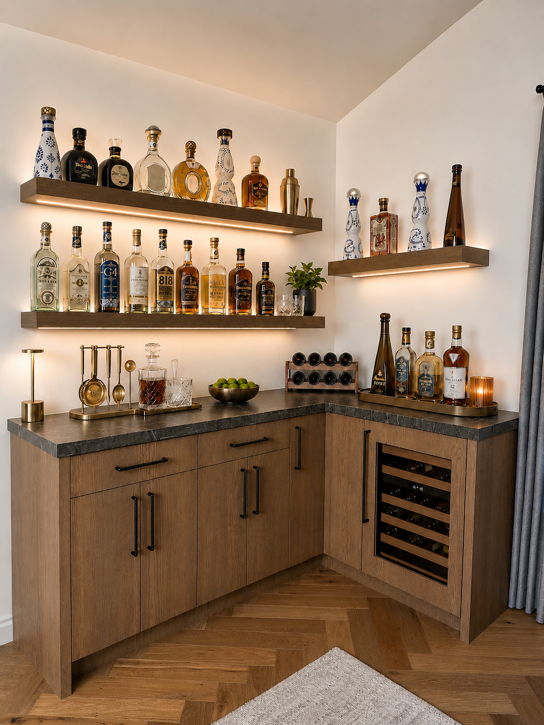 Wooden bar cabinet with dark countertop featuring bottles of liquor, a bowl of limes, and bar tools, with illuminated shelves displaying more liquor bottles and decorative vases, against a white wall with curtains to the side.