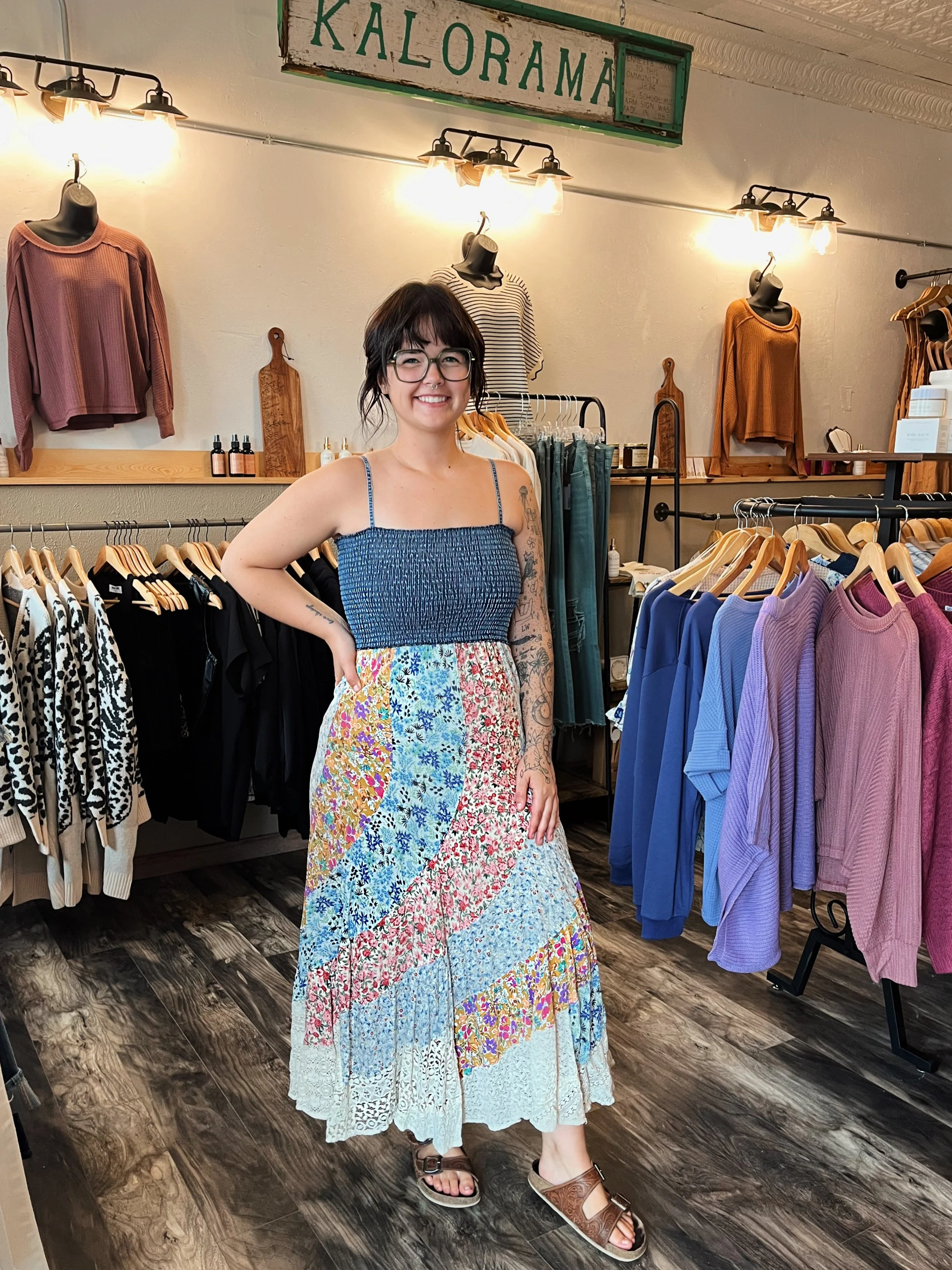Smocked Boho Floral + Lace Midi Dress
