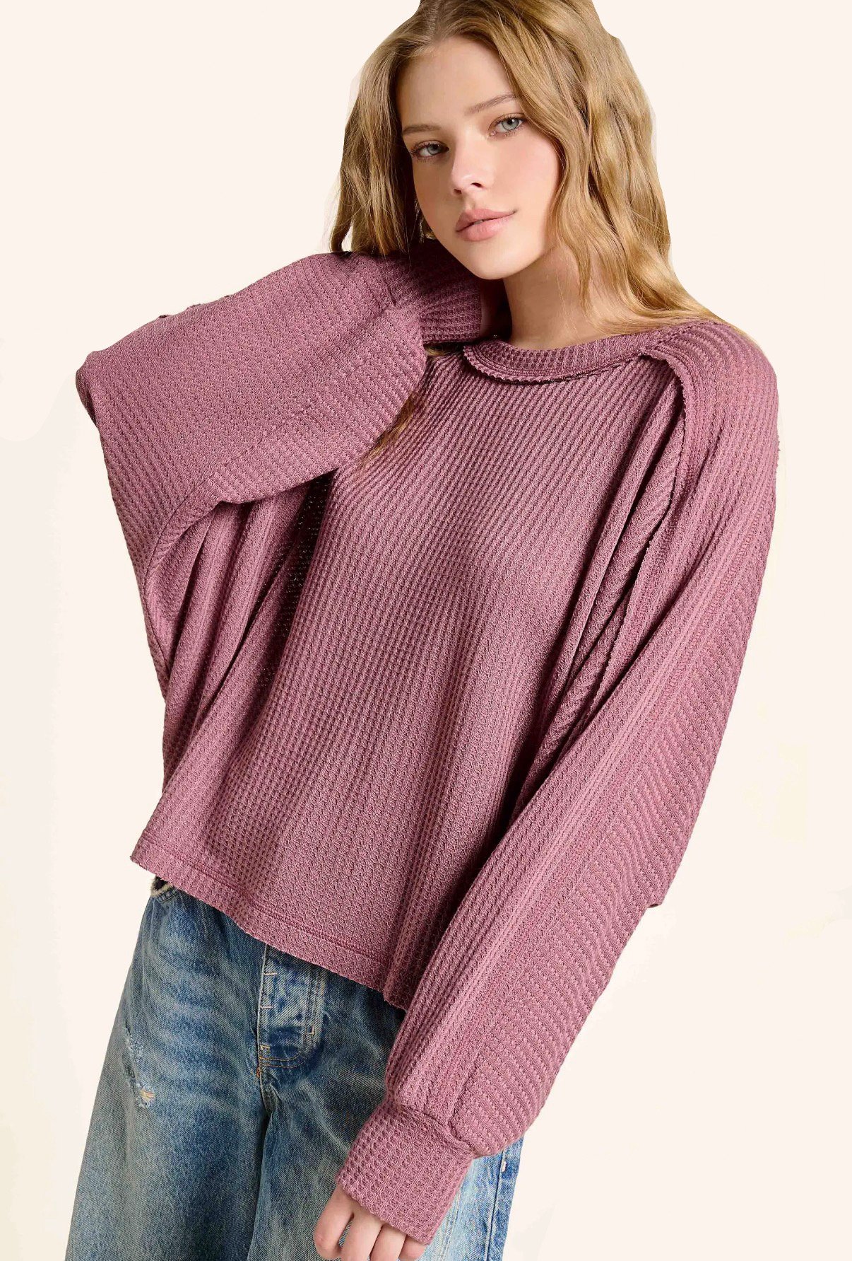 Berry Waffle Knit Long Sleeve Top