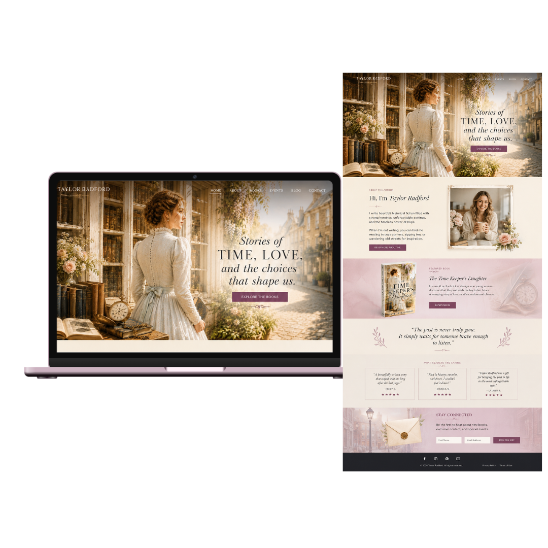 A laptop and a webpage of an author named Taylor Radford. The webpage features an image of a woman in a vintage dress, standing outside a bookstore, with text about stories of time, love, and choices. The webpage includes sections for the author, fea