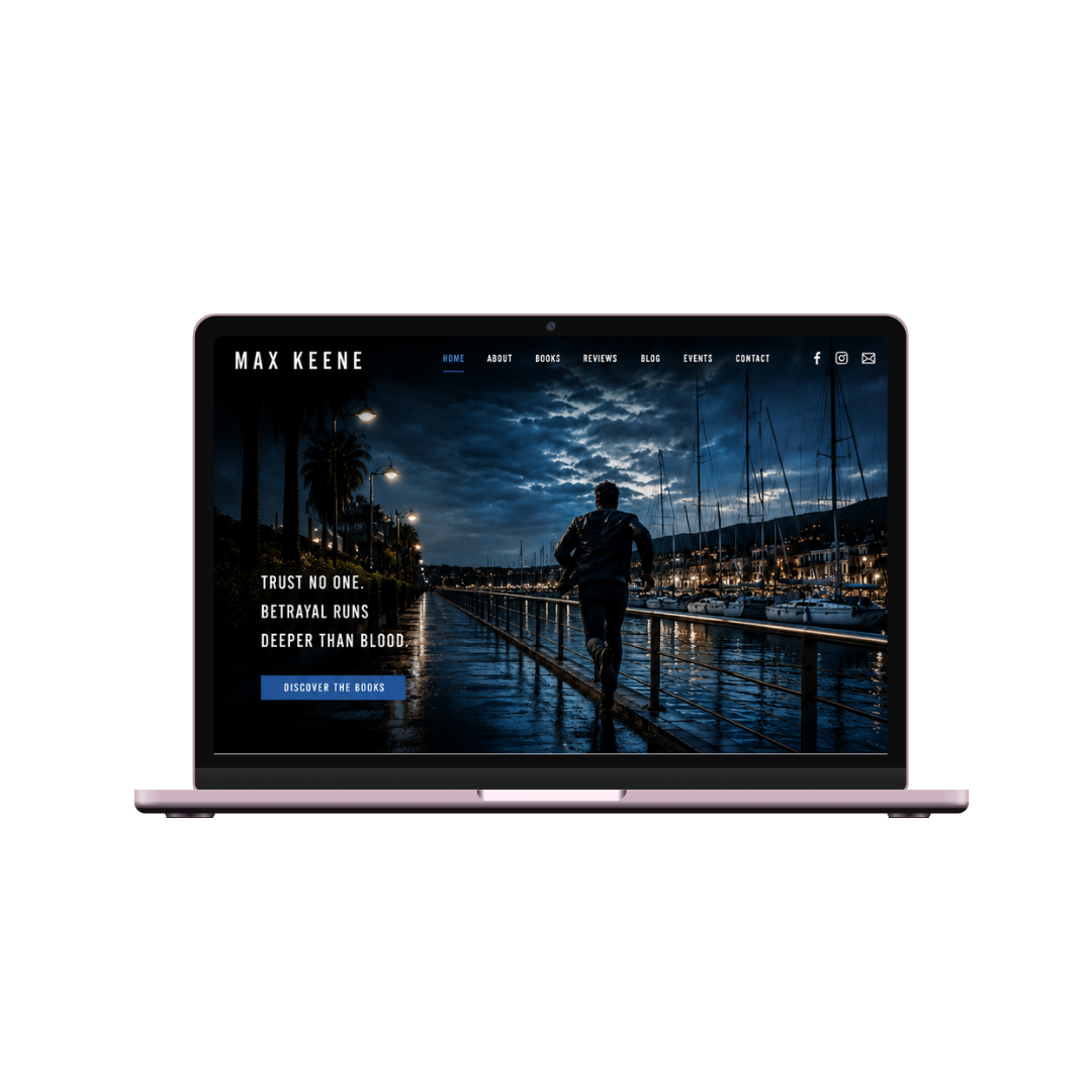Laptop displaying a dark-themed homepage for Max Keene with a background image of a man running along a marina under a cloudy sky at dusk, with navigation menu and social media icons at the top.