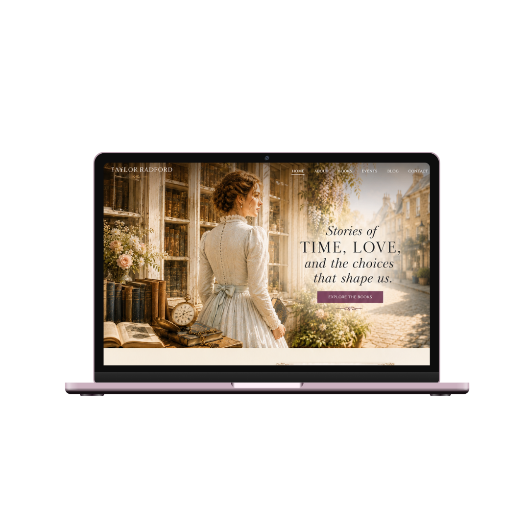 Laptop screen displaying a book website with a woman in vintage dress outdoors, with flowers, books, and a clock nearby.