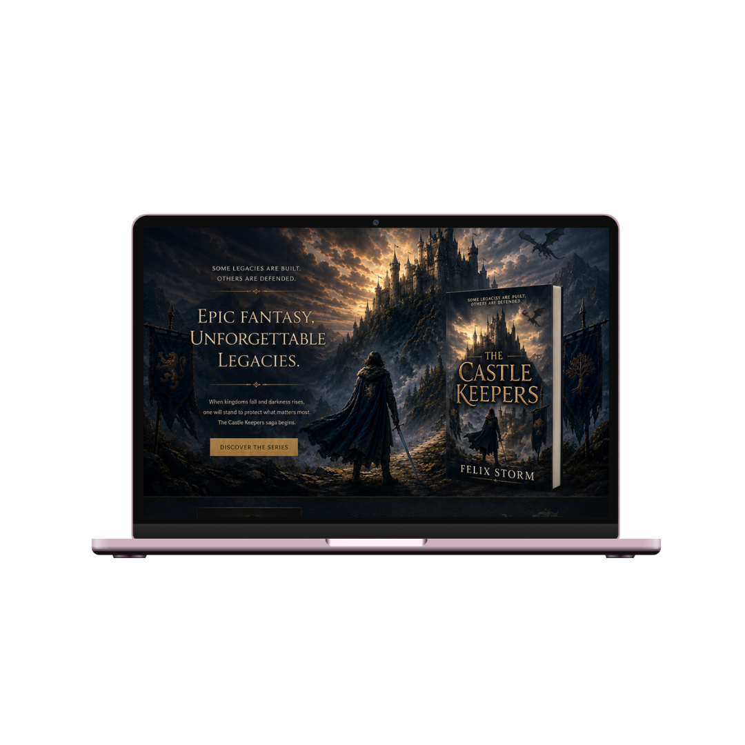 Dark fantasy cover featuring a castle on a mountain, a figure in a cloak holding a sword, and a dragon flying in the cloudy sky, promoting the book 'The Castle Keepers' by Felix Storm.