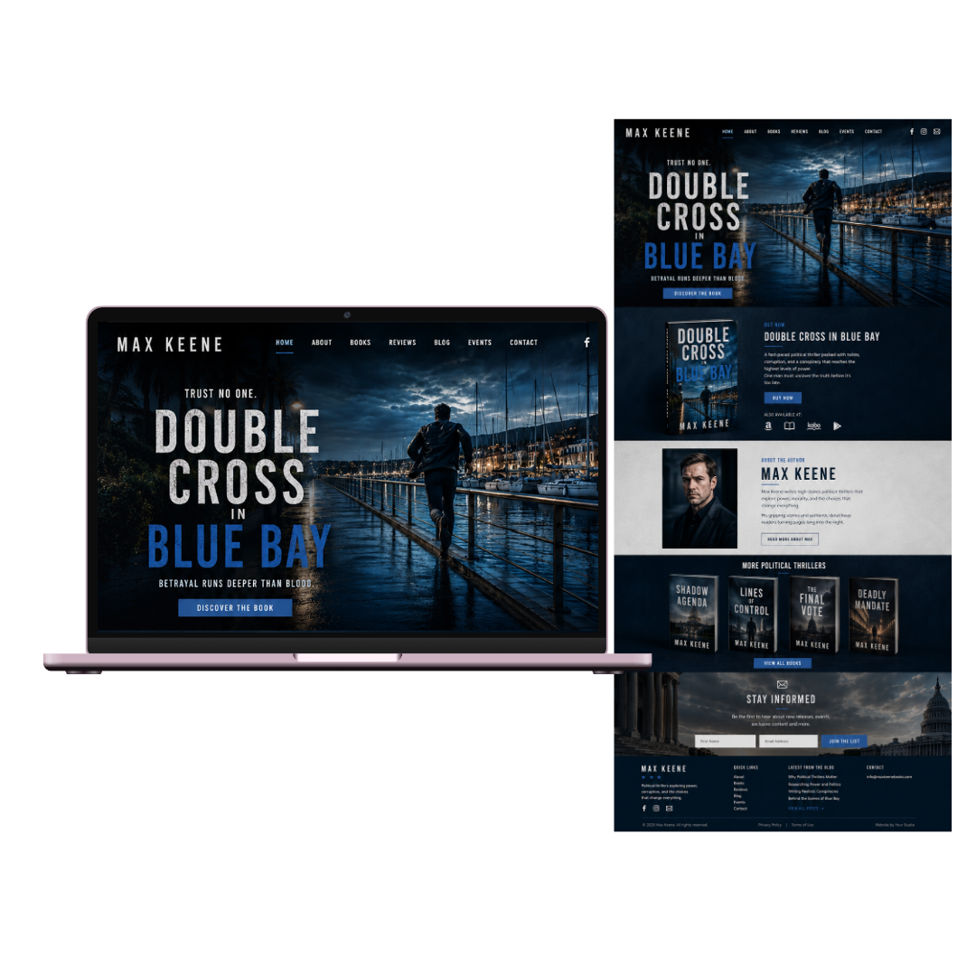 Website homepage for Max Keene with the title "Double Cross in Blue Bay" showing a man running along a waterfront under a dark, cloudy sky at dusk or night.