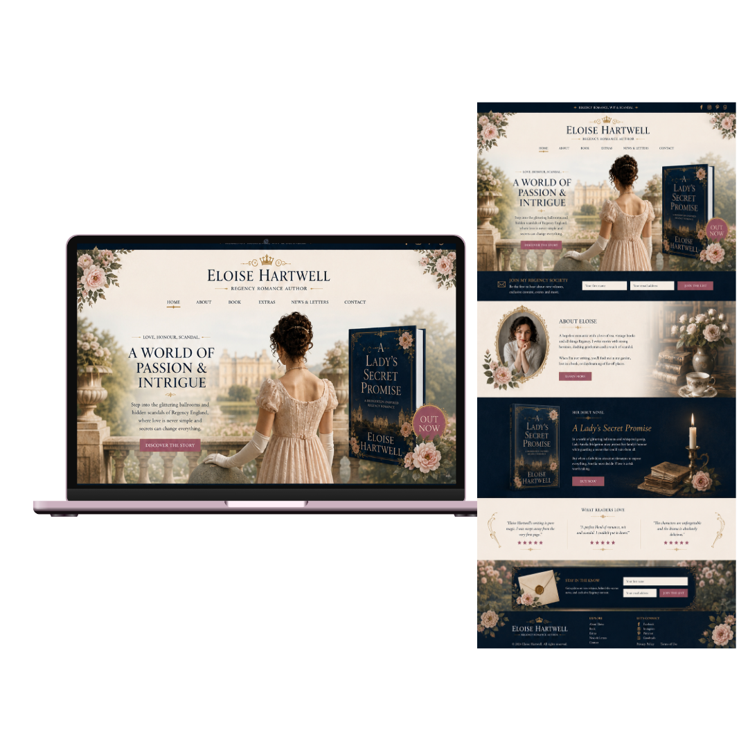 Screenshots of a website for Eloise Hartwell, an author of Regency romance novels, featuring a cover of her book 'A Lady's Secret Promise,' a historical image of a woman in a period dress, and sections about her books, awards, and contact information
