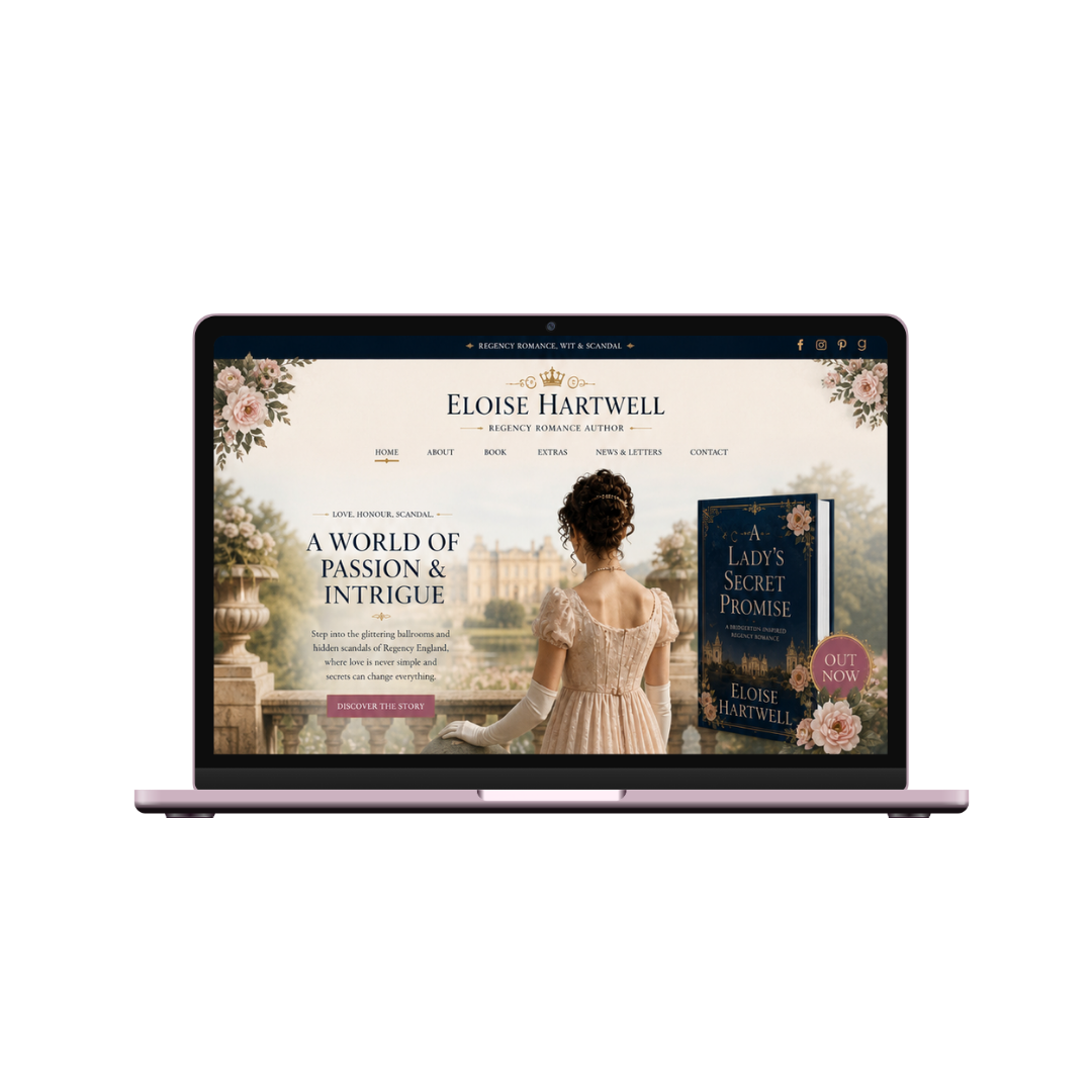 Laptop screen displaying a book author website for Eloise Hartwell, with romantic imagery and a book cover titled 'A Lady's Secret Promise'.