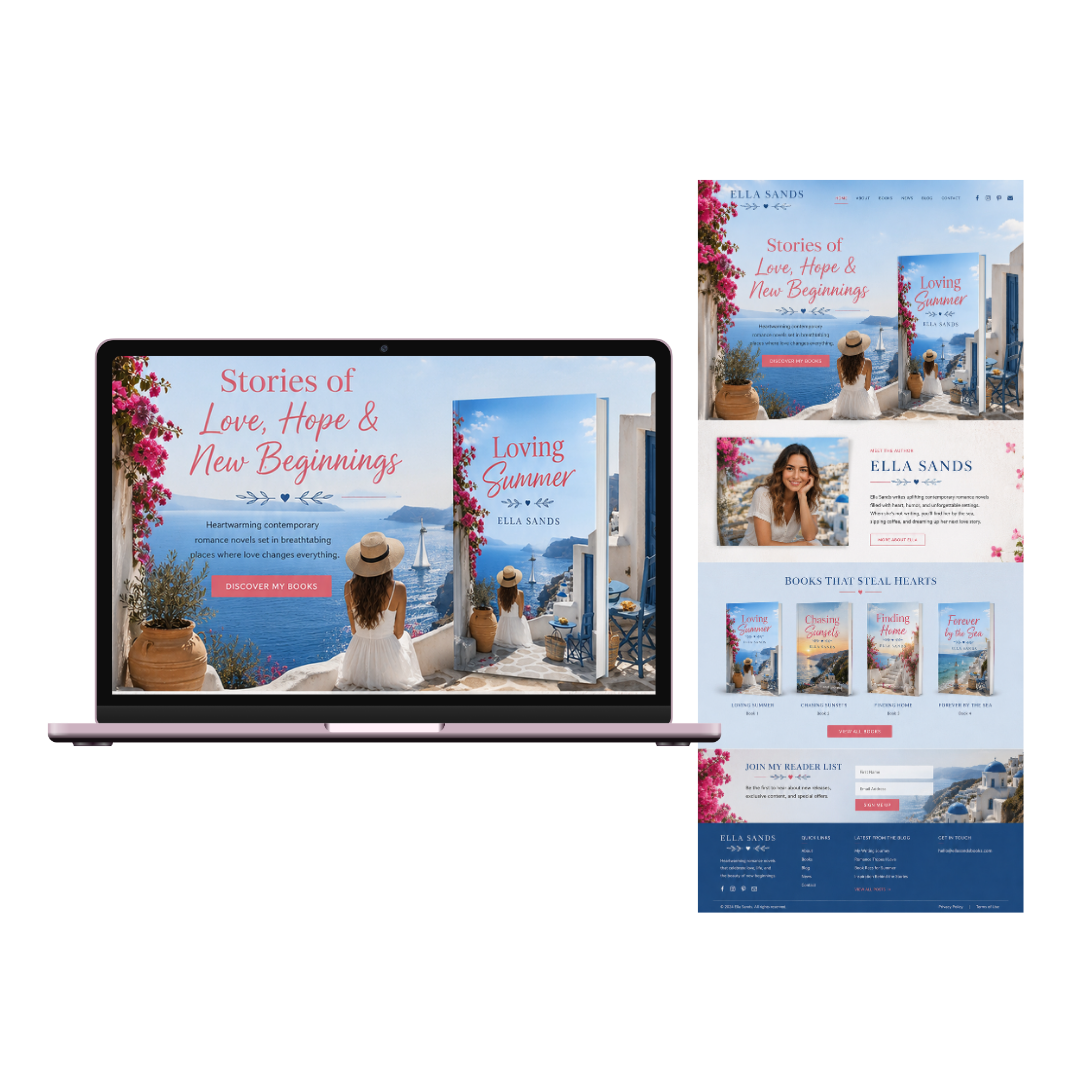 Website homepage for author Ella Sands featuring books with themes of love, hope, and new beginnings, showing scenic summer images of a woman overlooking the ocean.