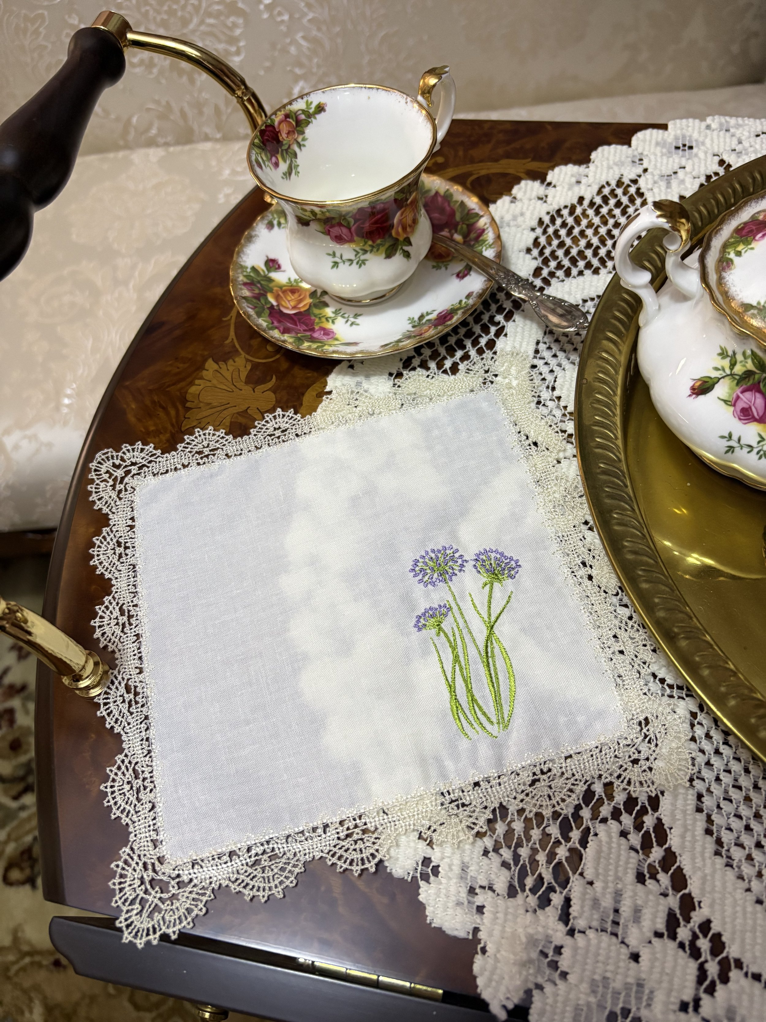 Cottage Garden Alliums Lace Handkerchief tea time.jpeg