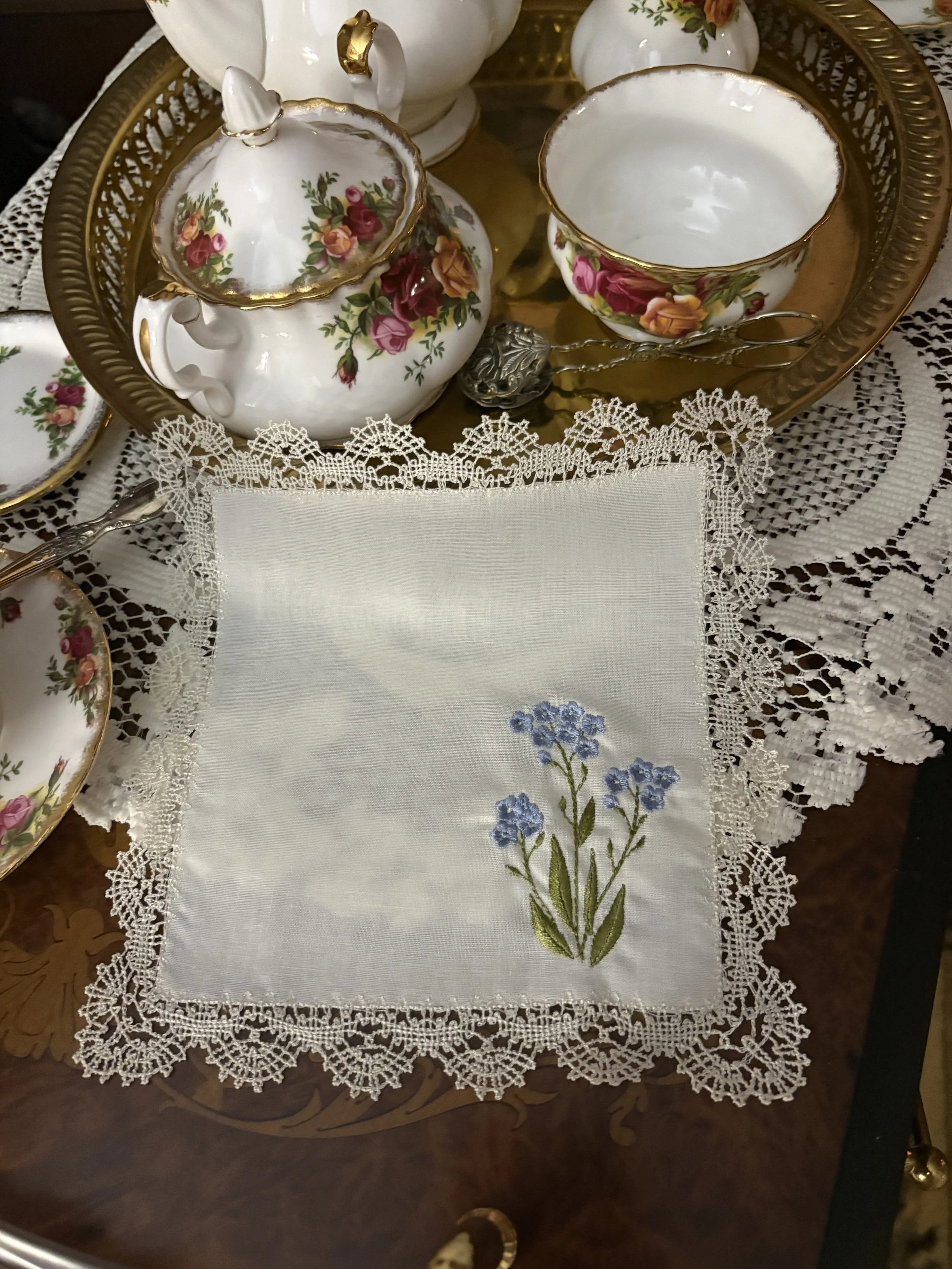 Forget Me Not Lace Handkerchief tea service.jpeg