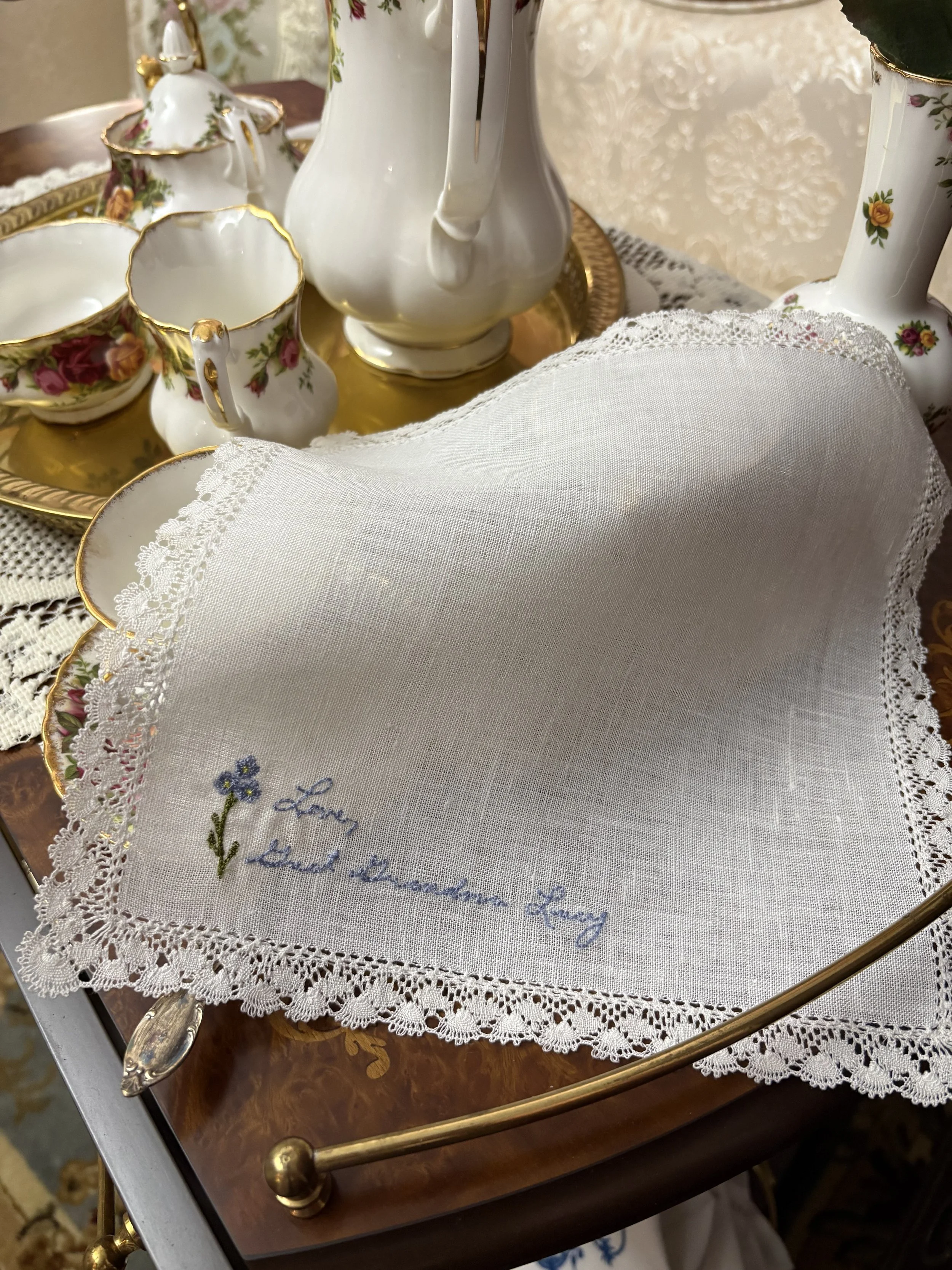 Personalized Forget Me Not Linen Wedding Handkerchief tea service.jpeg