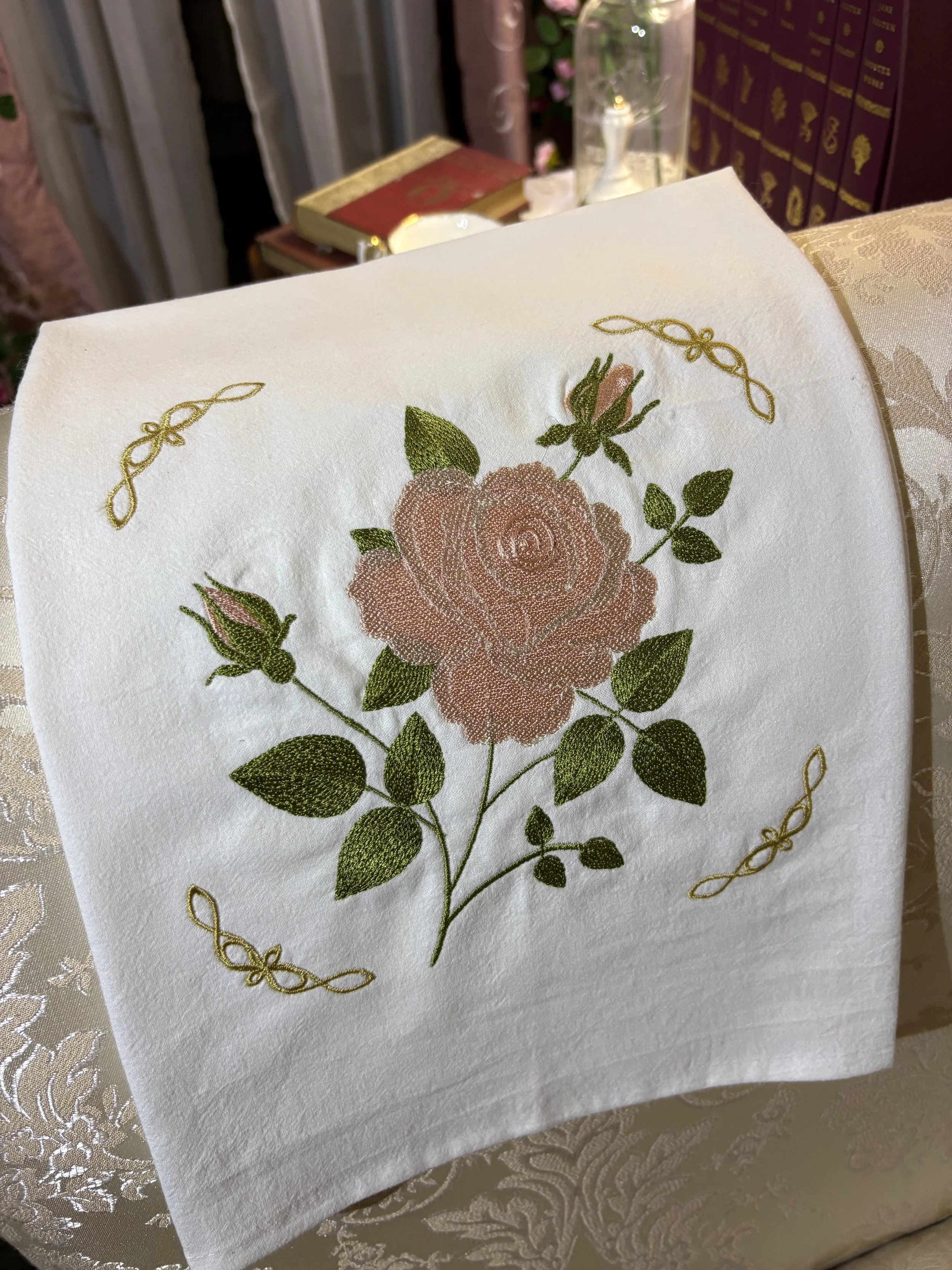 Heirloom Tea Rose Embroidered Tea Towel chaise.jpeg