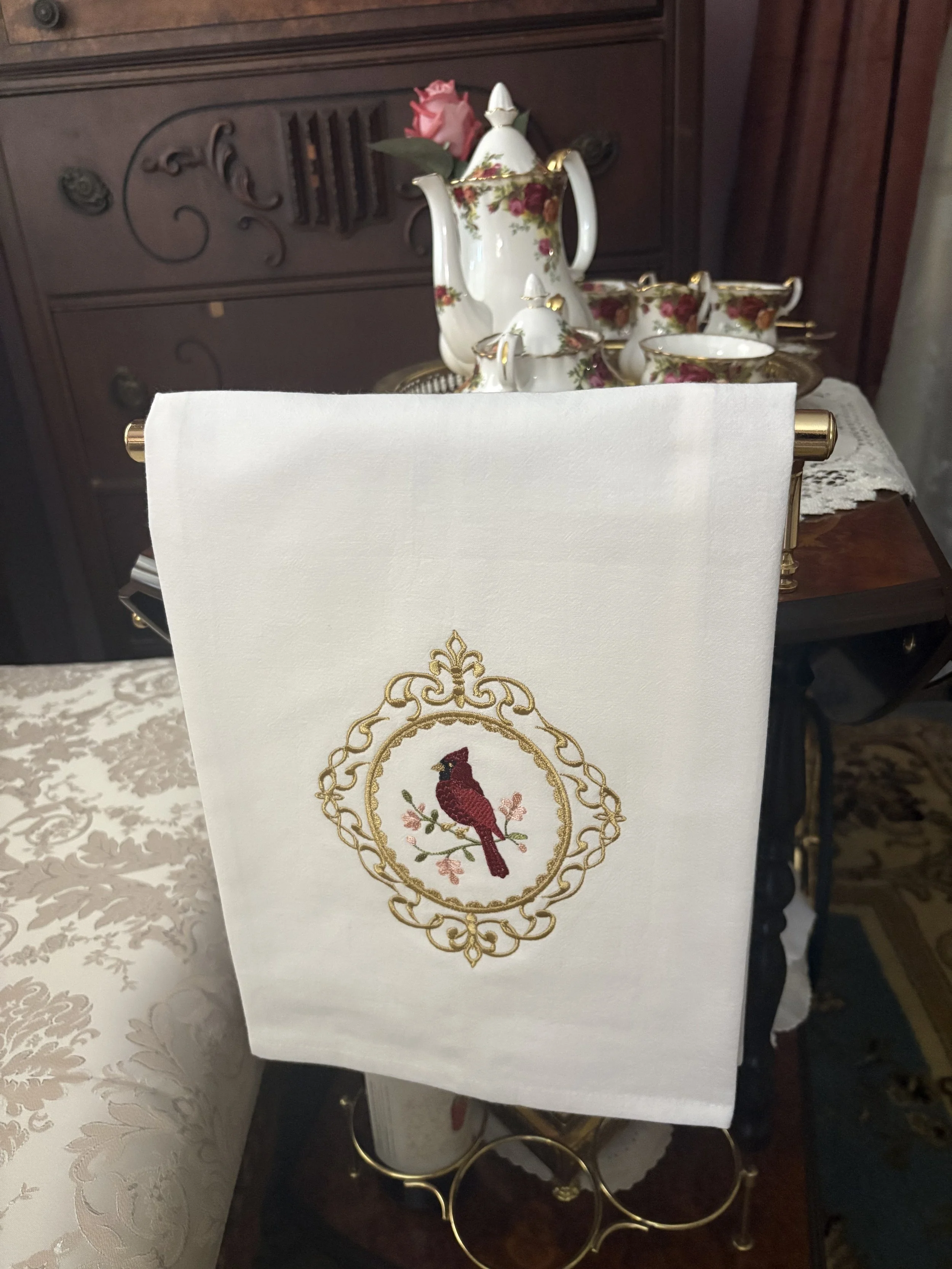 Victorian Cameo Cardinal Tea Towel tea cart.jpeg