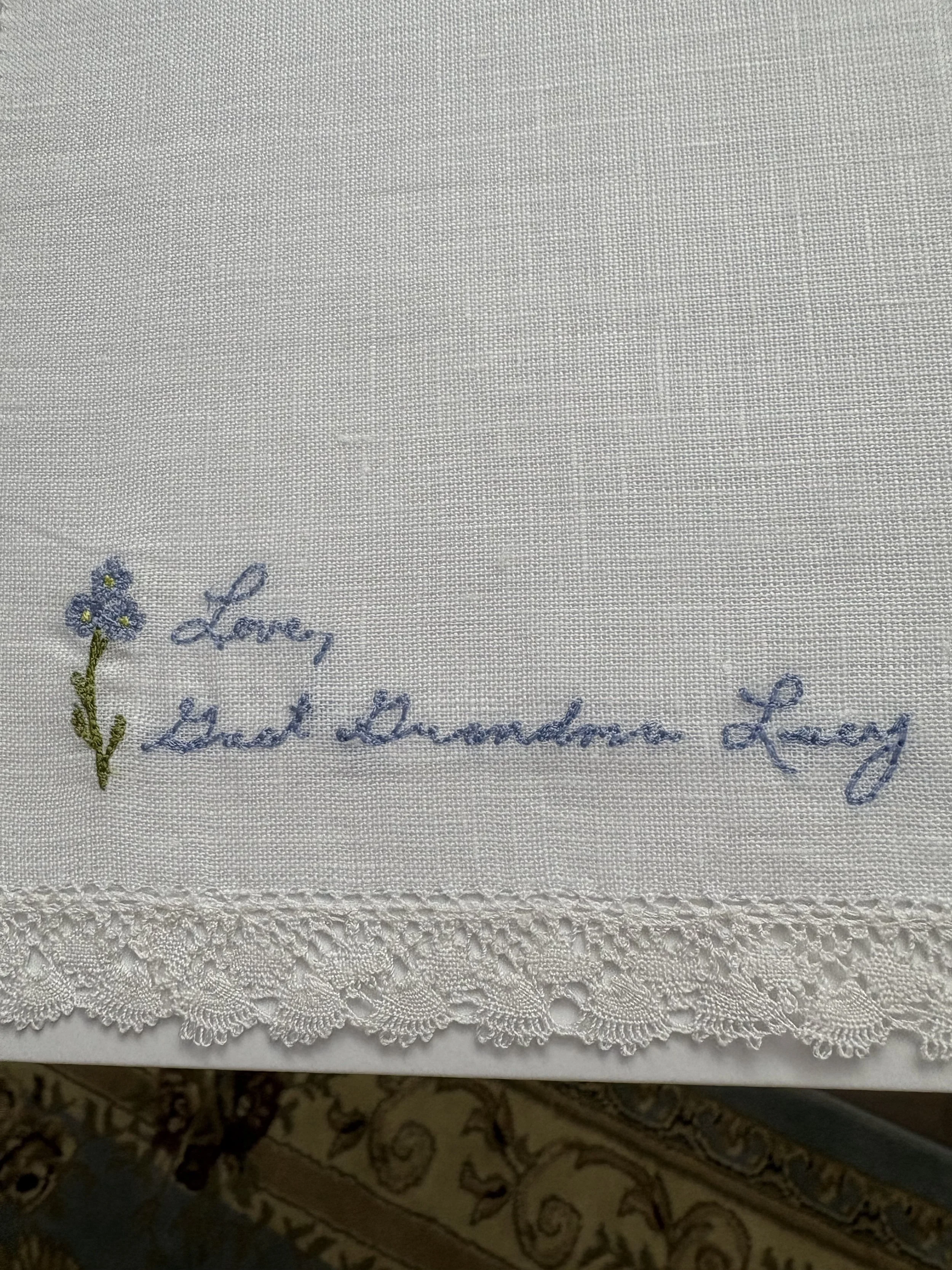 Personalized Forget Me Not Linen Wedding Handkerchief closeup.jpeg