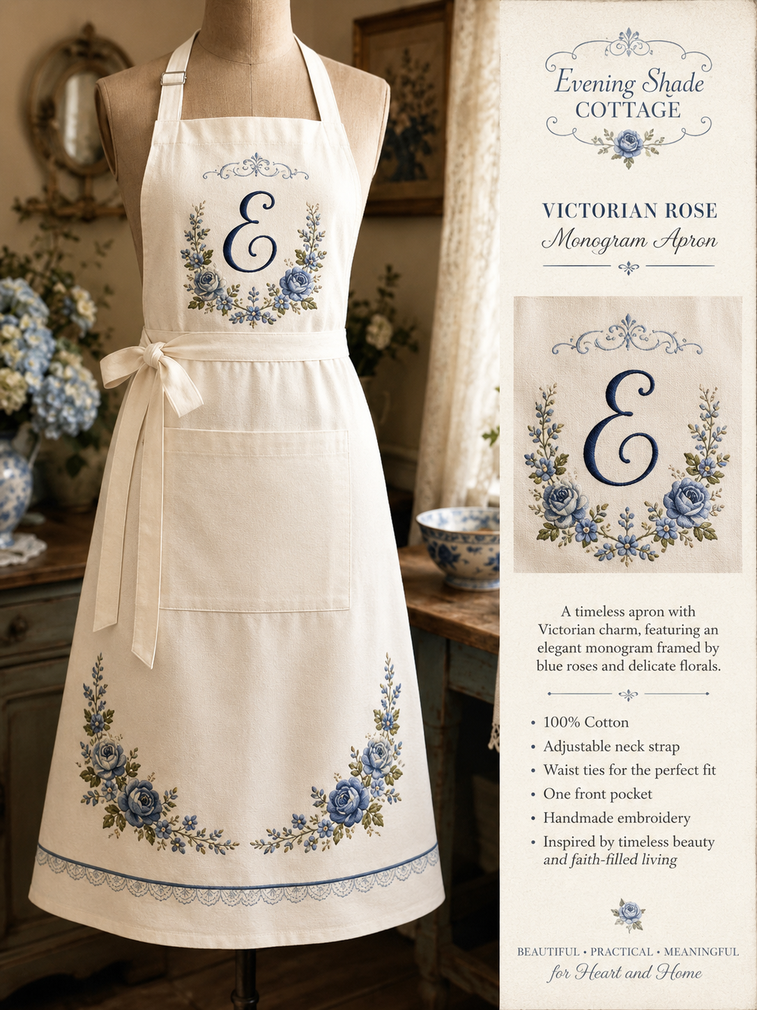 Display of an embroidered Victorian-style apron with blue roses and floral designs, featuring a monogram 'E' at the center, showcased on a mannequin in a vintage-themed setting with floral arrangements in the background.