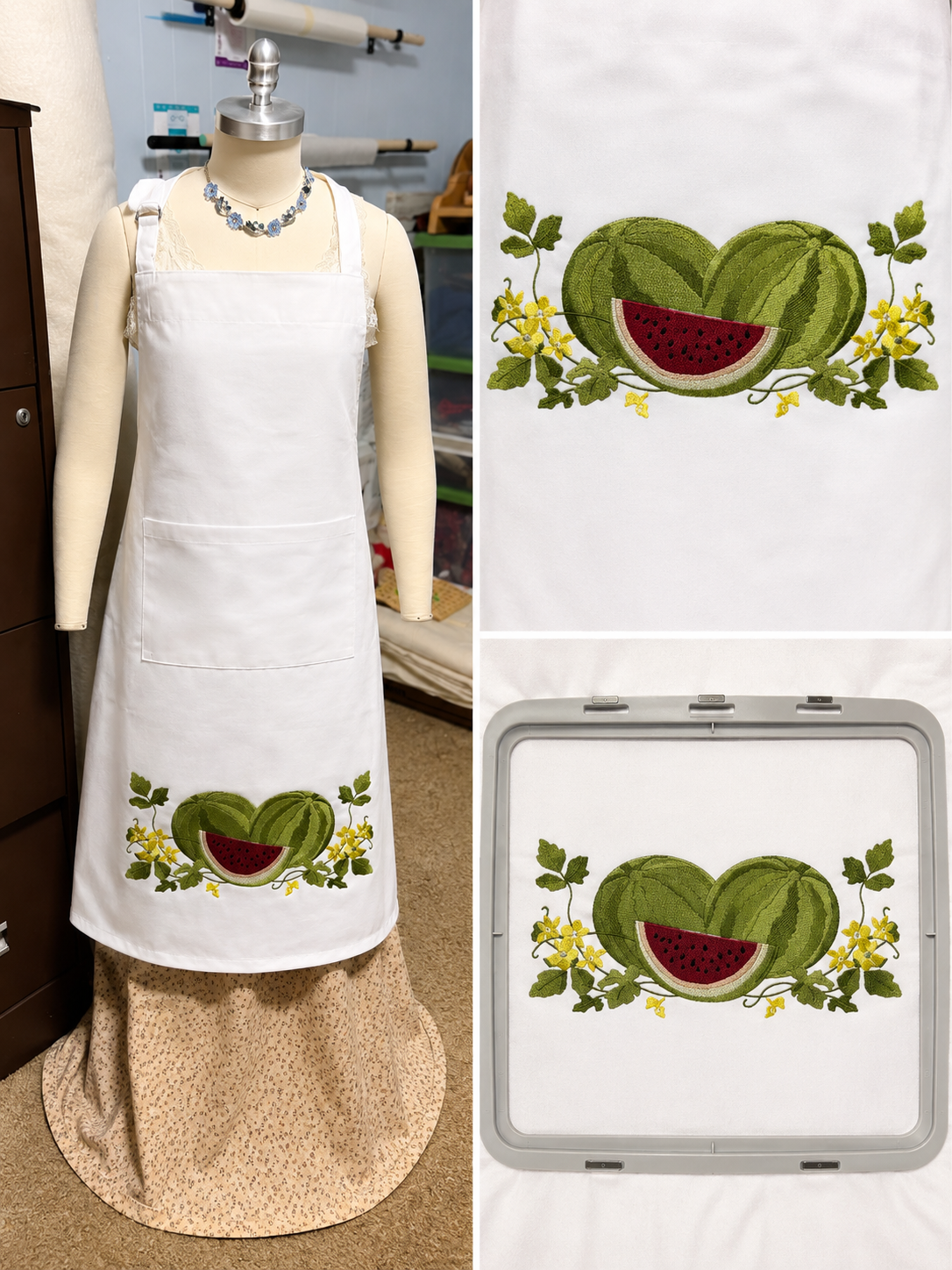 Heirloom Watermelon Embroidered Adjustable Apron / Exclusive Evening Shade Cottage Design