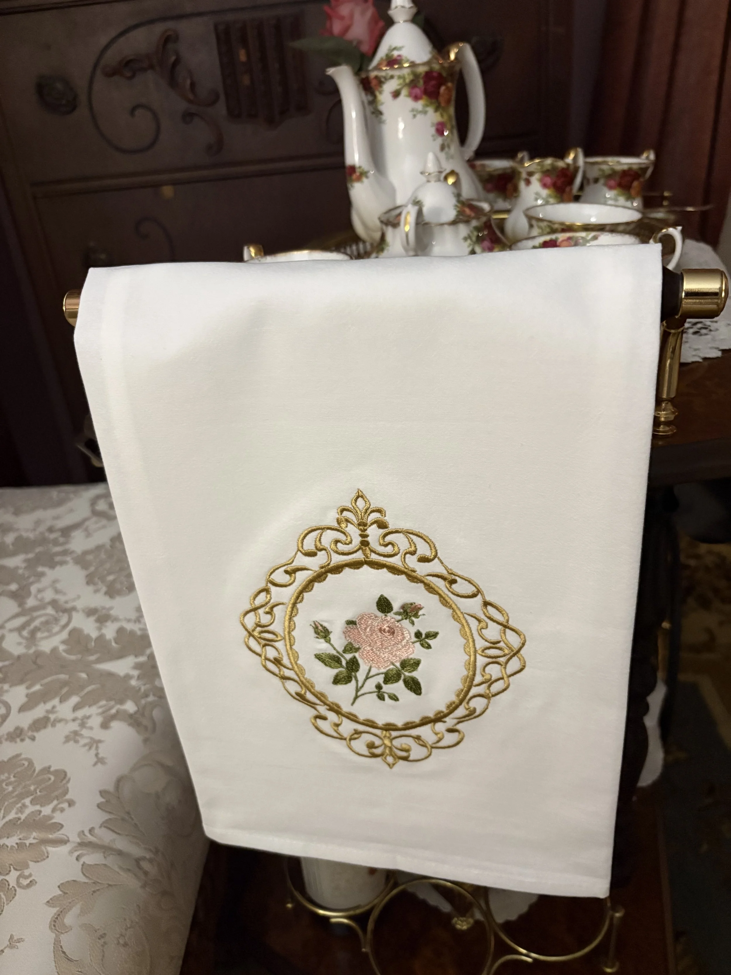 Victorian Cameo Rose Tea Towel tea cart.jpeg