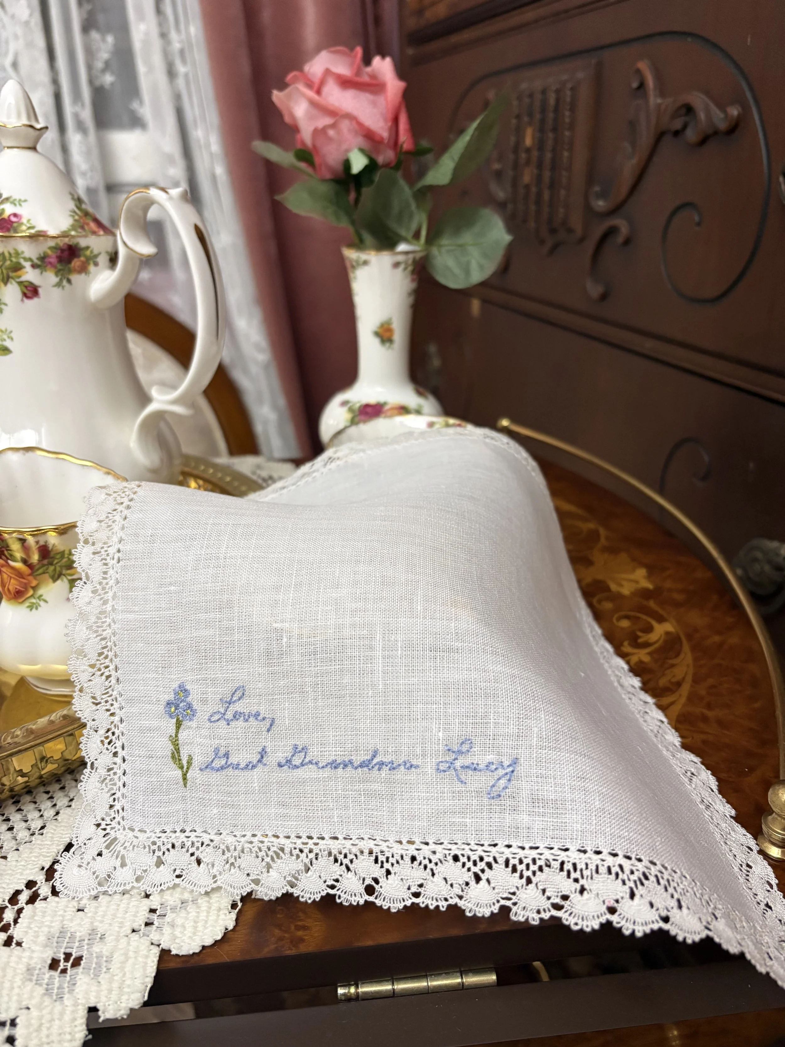 Personalized Forget Me Not Linen Wedding Handkerchief tea cart.jpeg