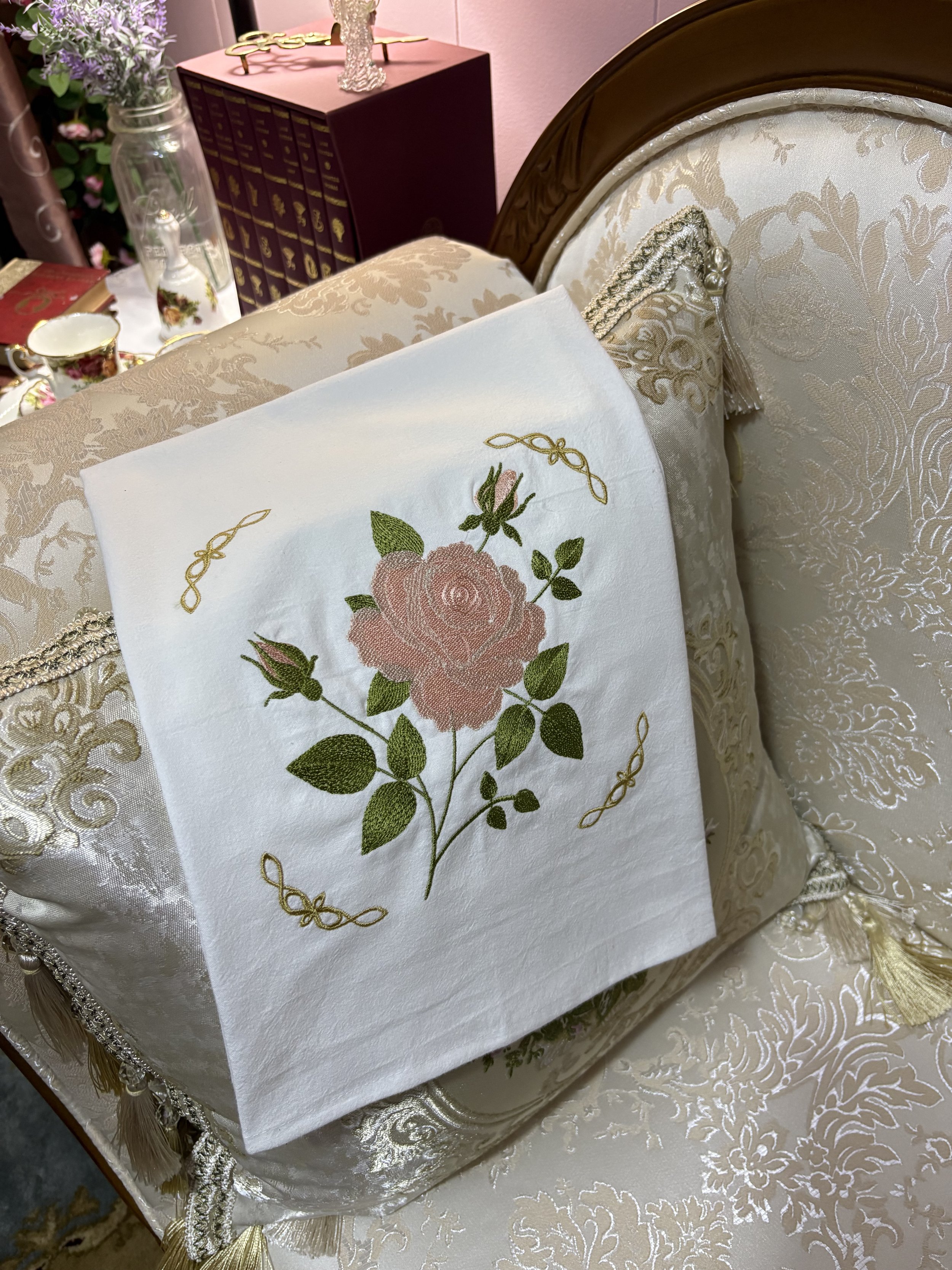 Heirloom Tea Rose Embroidered Tea Towel