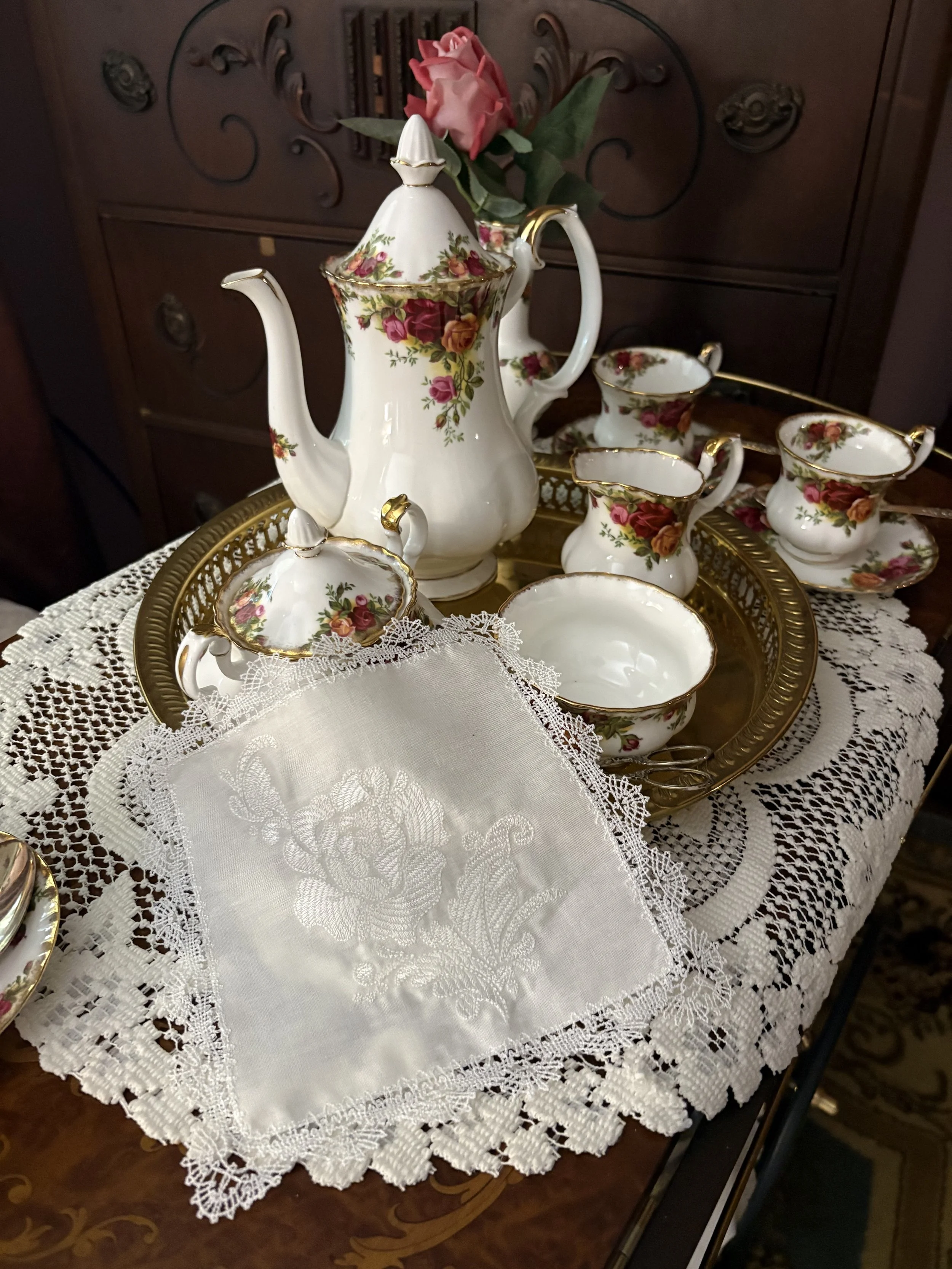 Victorian Whitework Rose Handkerchief