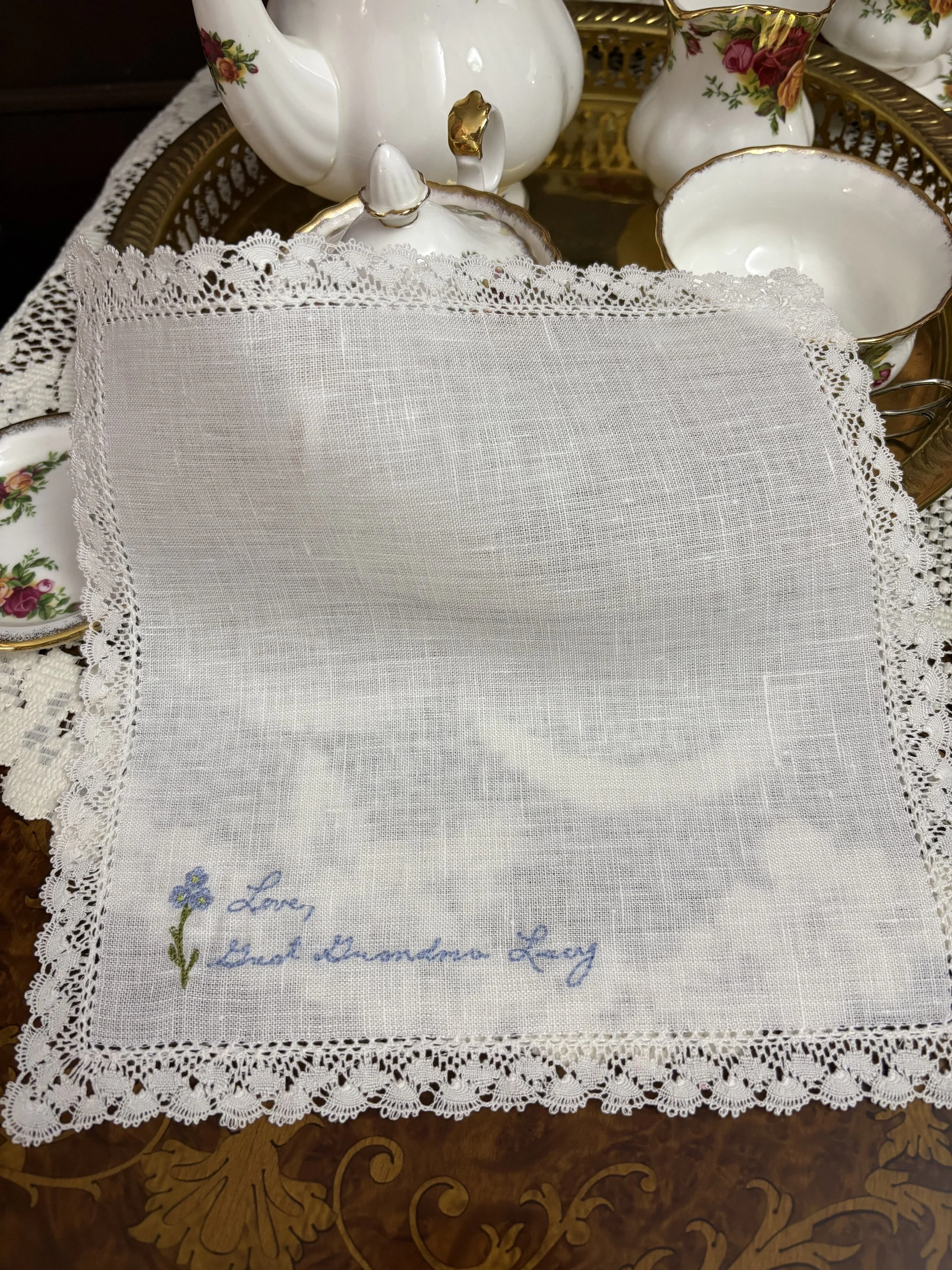 Personalized Forget Me Not Linen Wedding Handkerchief tea.jpeg