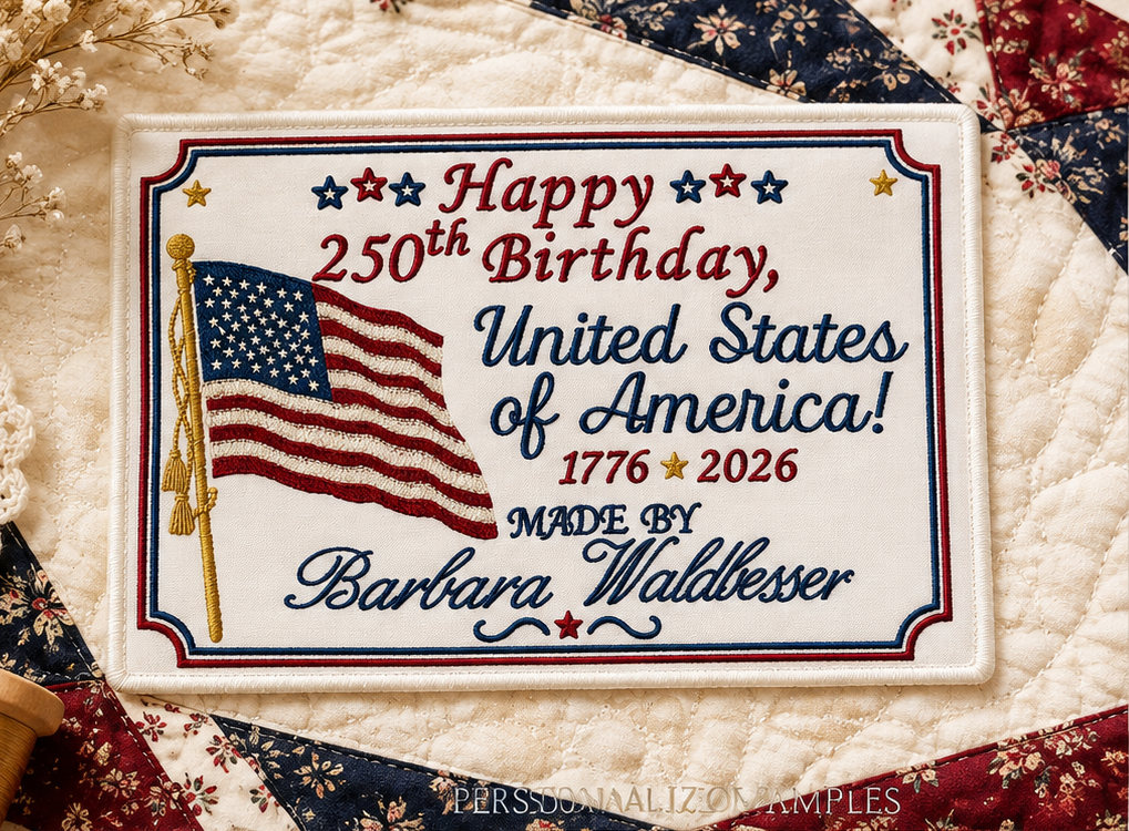 Happy 250th Birthday USA Quilt Label with Custom Personalization